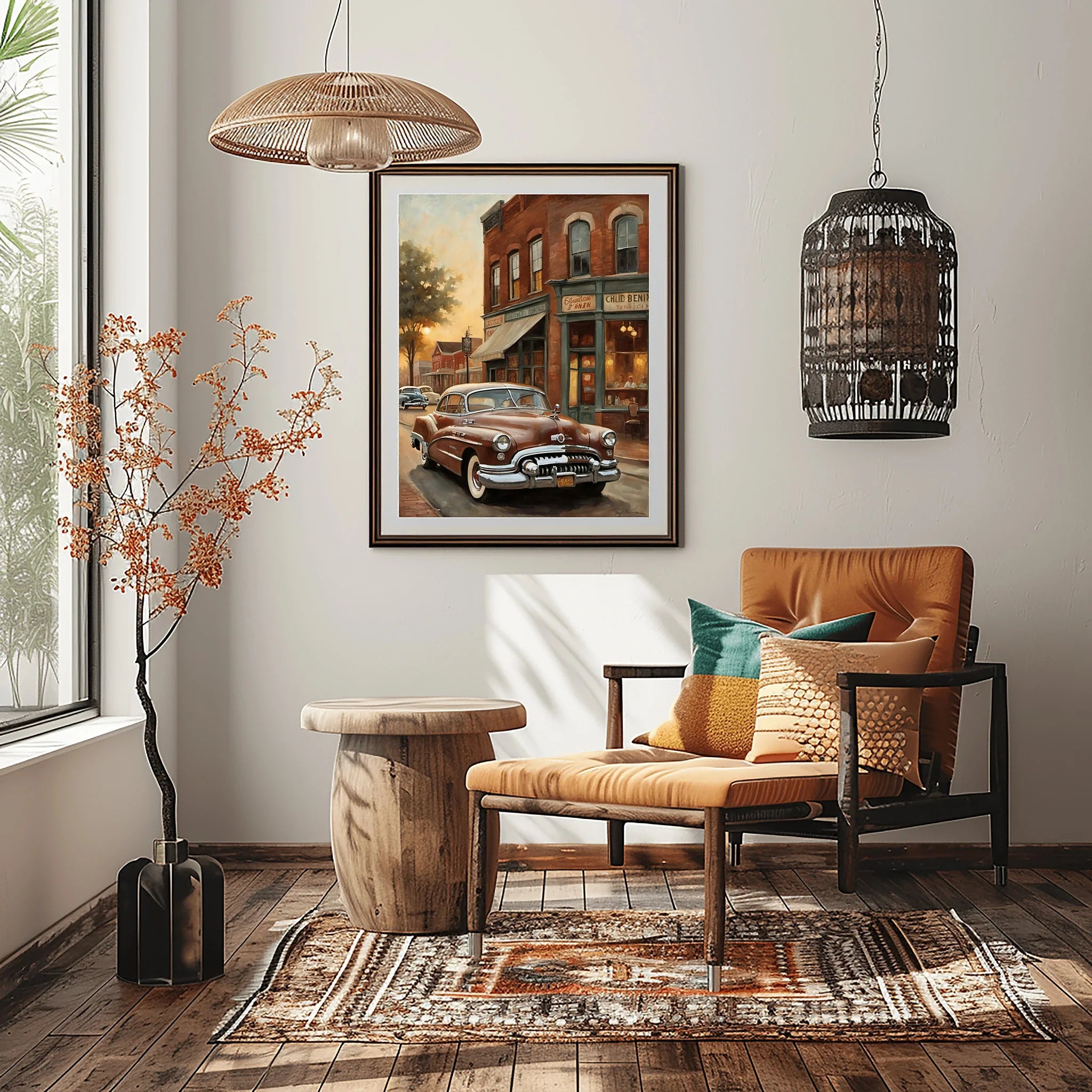 1950 American Riviera Downtown Street View Wall Art | Vintage Urban Classic Car Print