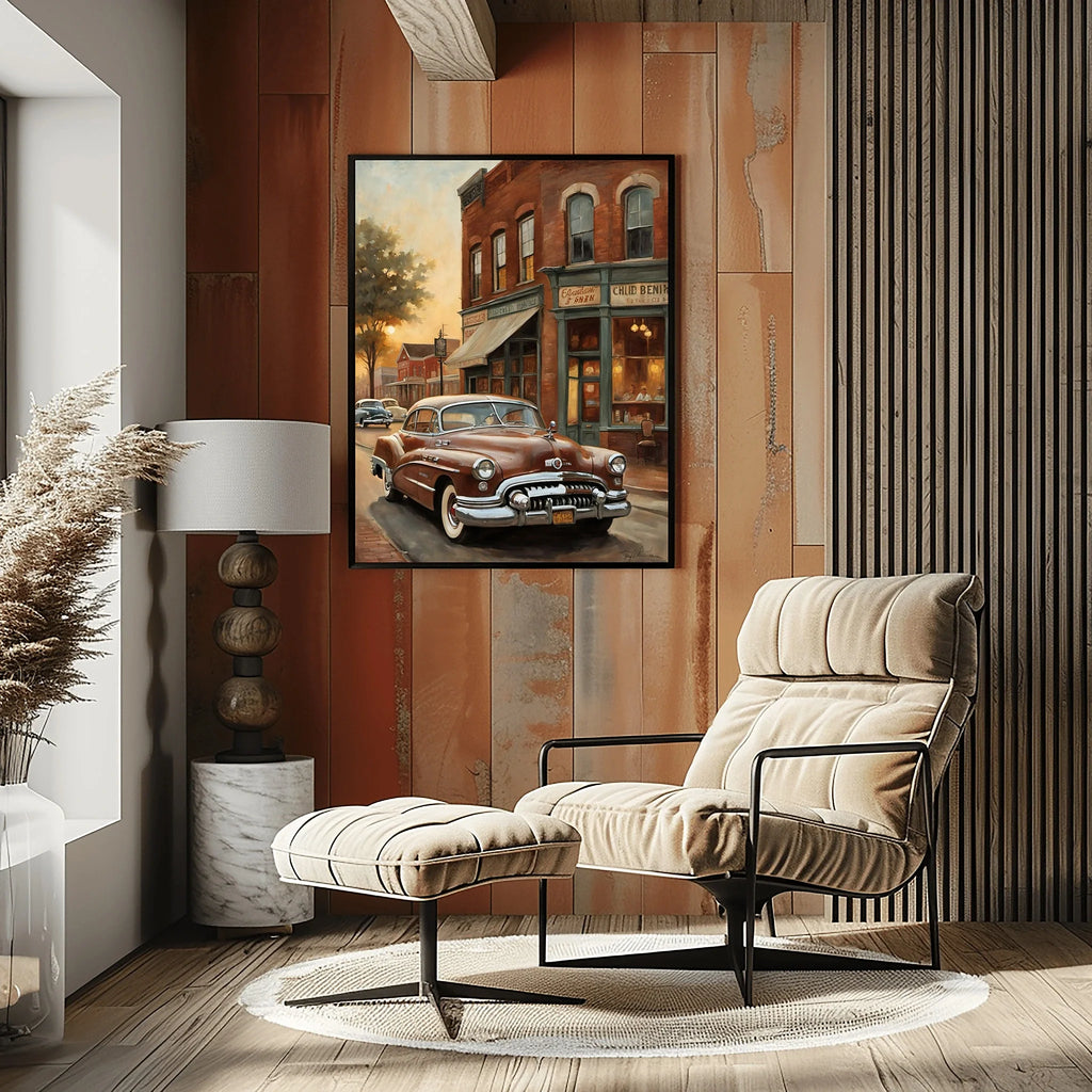 1950 American Riviera Downtown Street View Wall Art | Vintage Urban Classic Car Print