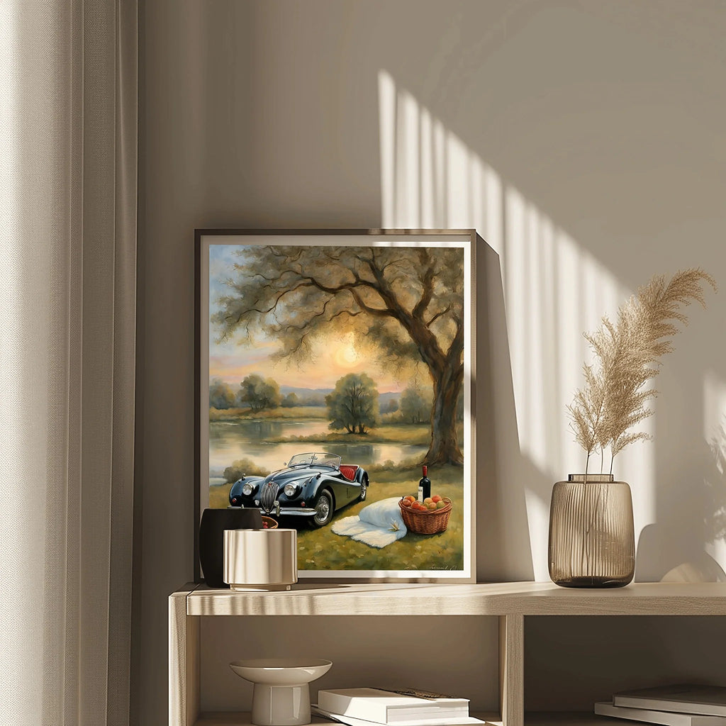 1950 British Racing Roadster Lakeside Picnic Wall Art | Vintage Leisure Print