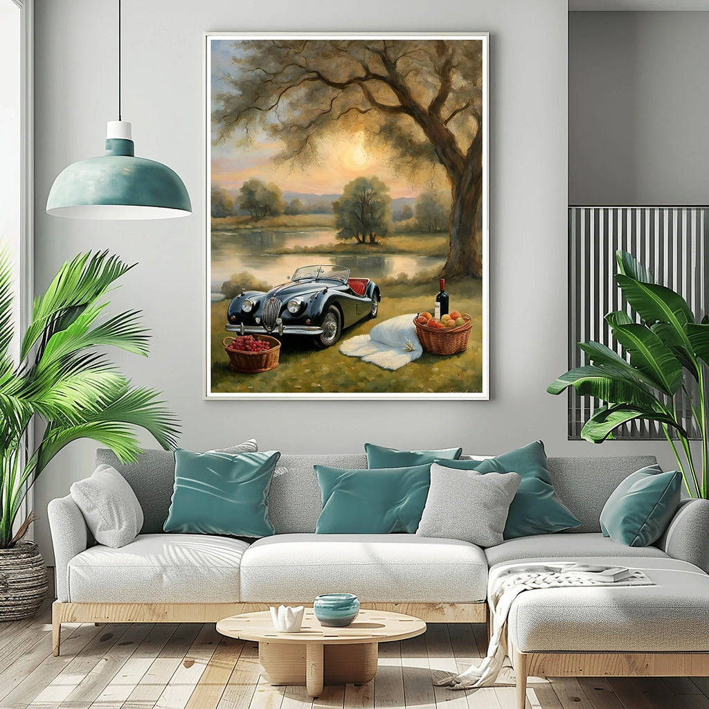 1950 British Racing Roadster Lakeside Picnic Wall Art | Vintage Leisure Print