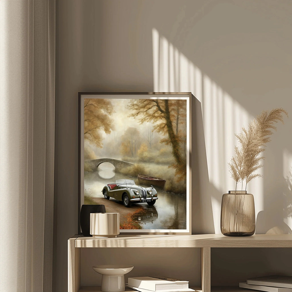 1950 British Racing Roadster River Bridge Wall Art | Mist & Vintage Car Print