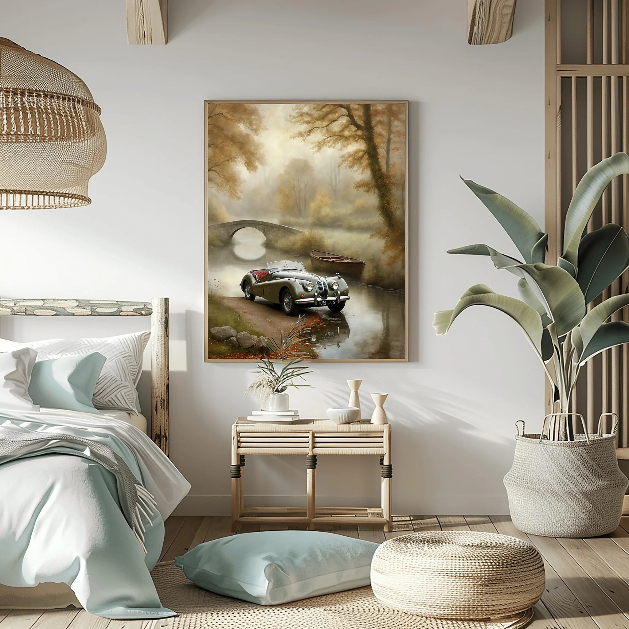 1950 British Racing Roadster River Bridge Wall Art | Mist & Vintage Car Print