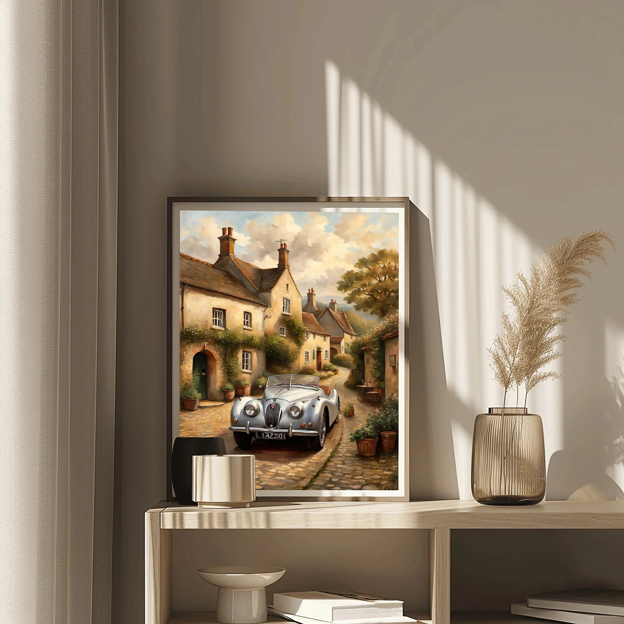 1950 British Racing Roadster Village Street Wall Art | Cobblestone Classic Car Print