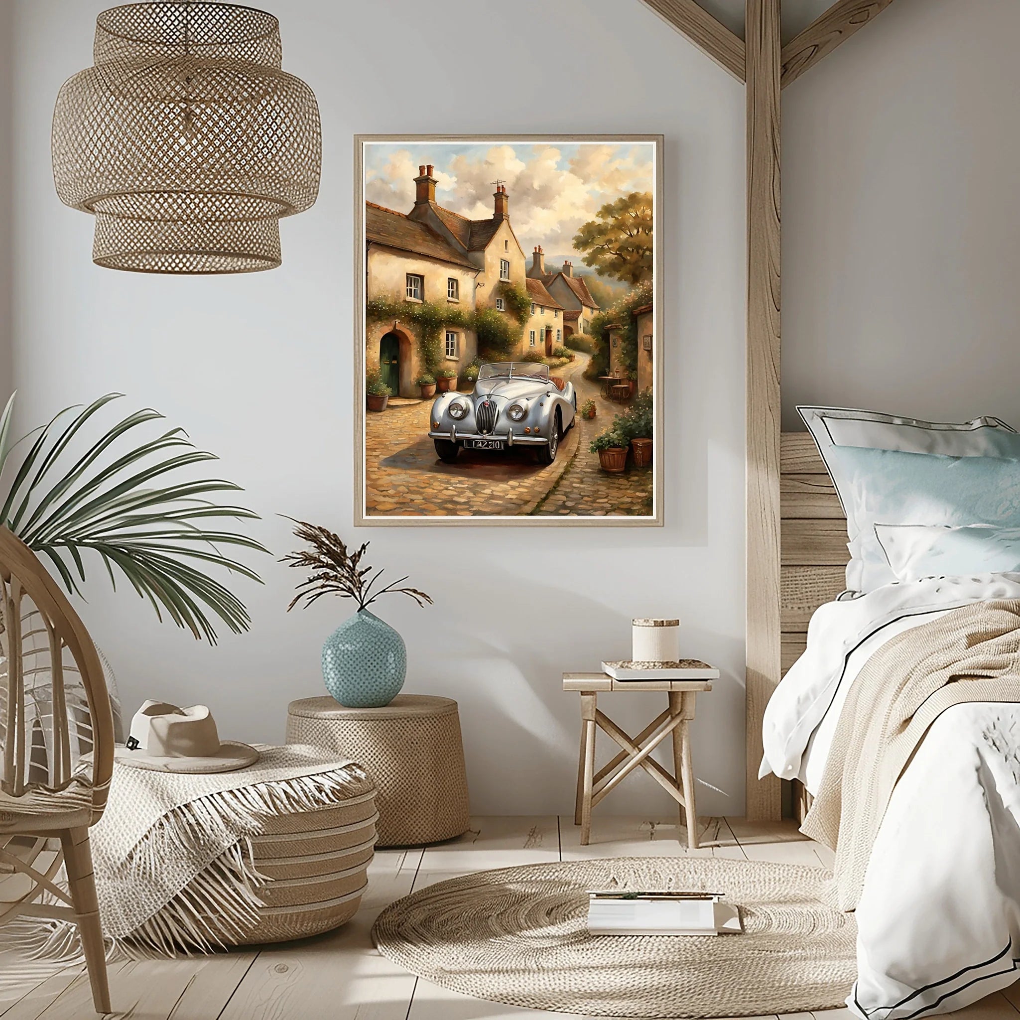 1950 British Racing Roadster Village Street Wall Art | Cobblestone Classic Car Print