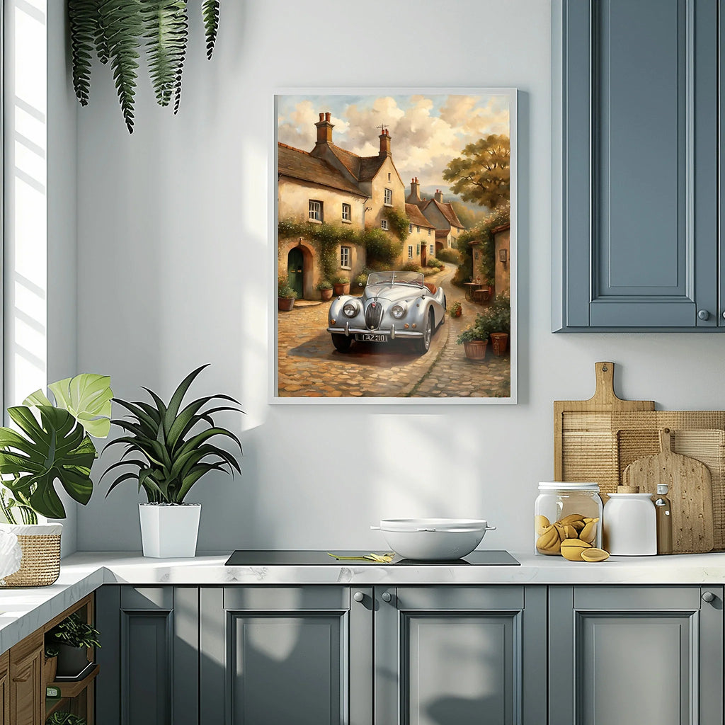 1950 British Racing Roadster Village Street Wall Art | Cobblestone Classic Car Print