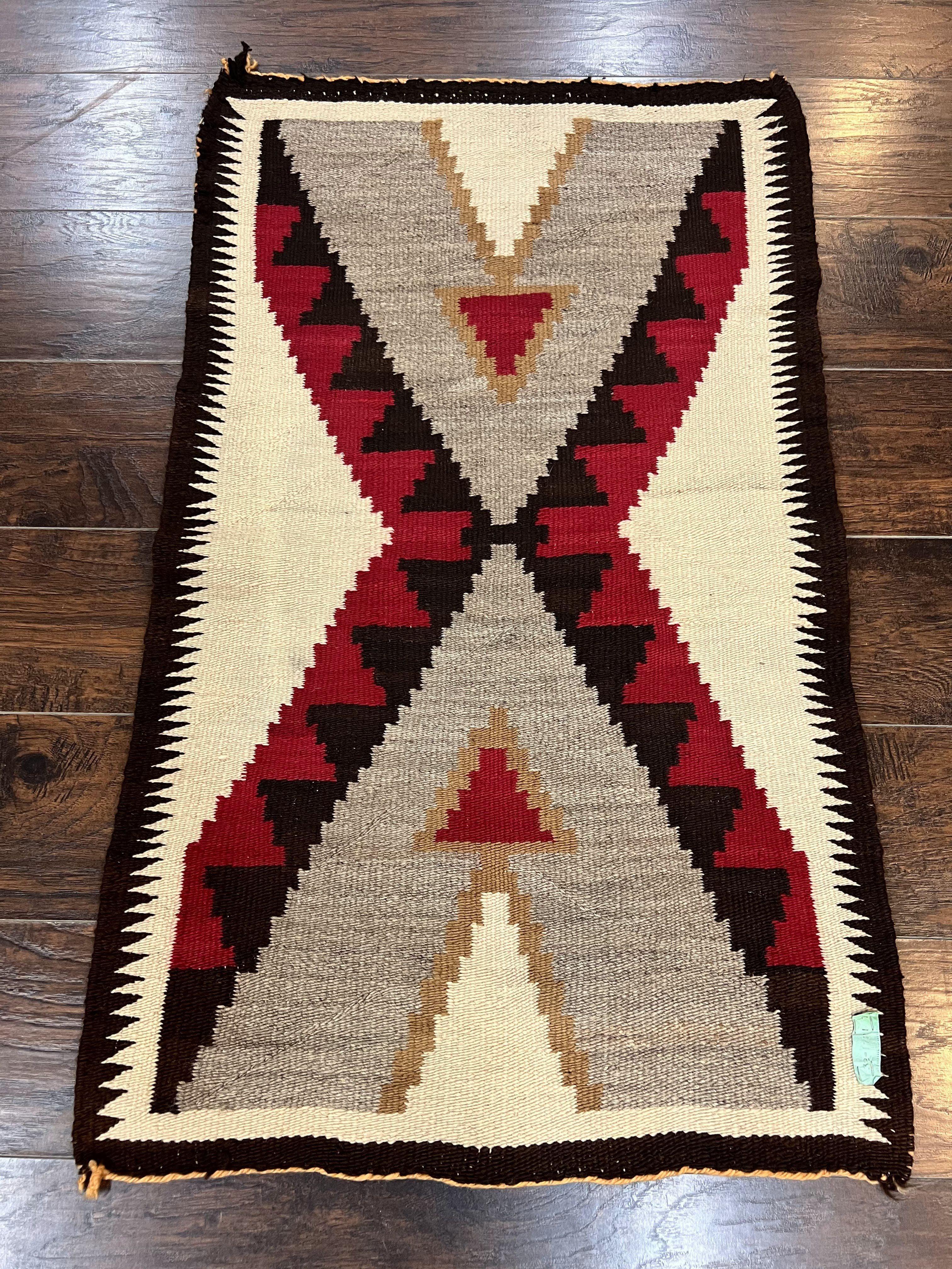 Antique Navajo Rug 2x4, Collectible Native American Wool Handmade Rug, Ivory Black Red Gray, Vintage Navajo Textile