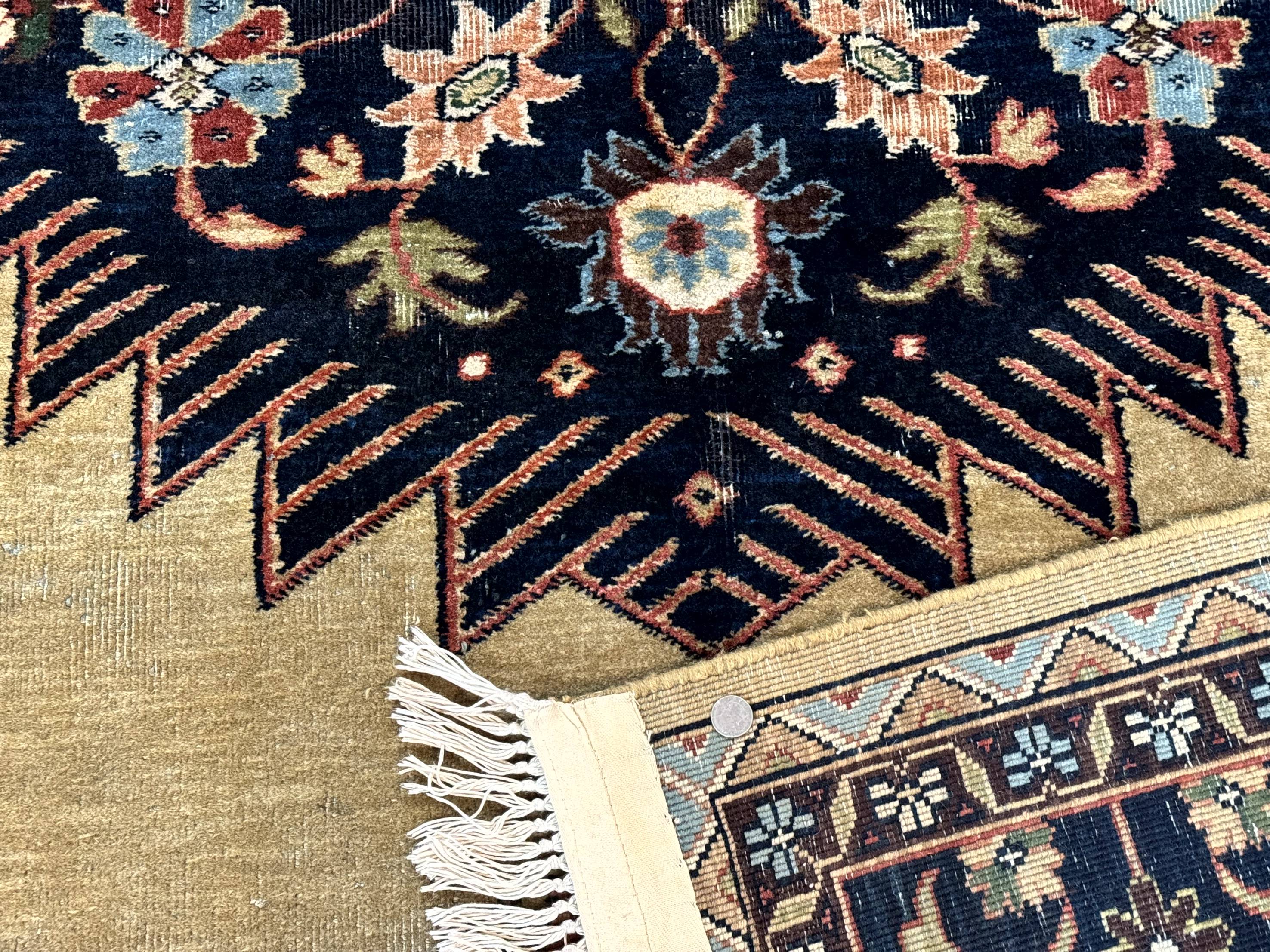 Indo Persian Heriz Rug 8x12, Camel Hair Tan and Navy Blue, Decorative