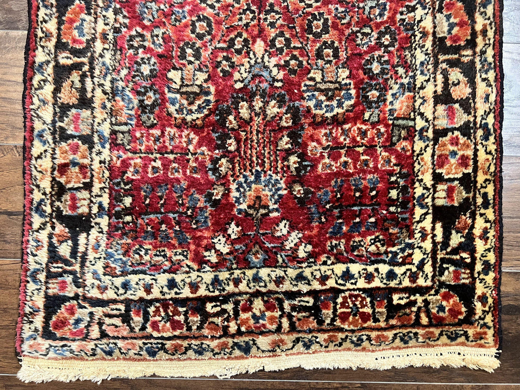 Antique Persian Runner Rug 2.9 x 17, Rare Sarouk Runner, Handmade Wool Rug for Hallway, Red, Floral