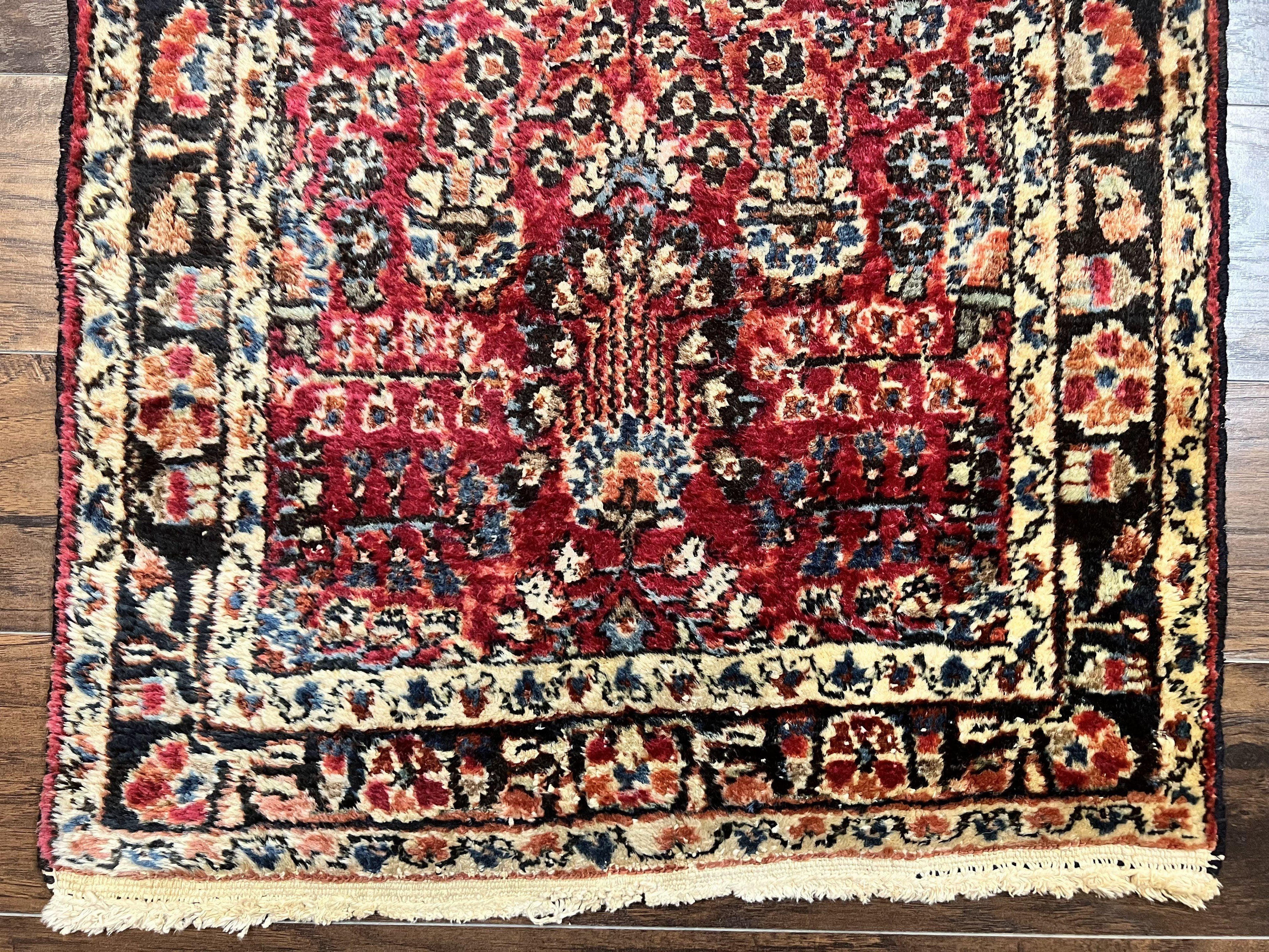 Antique Persian Runner Rug 2.9 x 17, Rare Sarouk Runner, Handmade Wool Rug for Hallway, Red, Floral