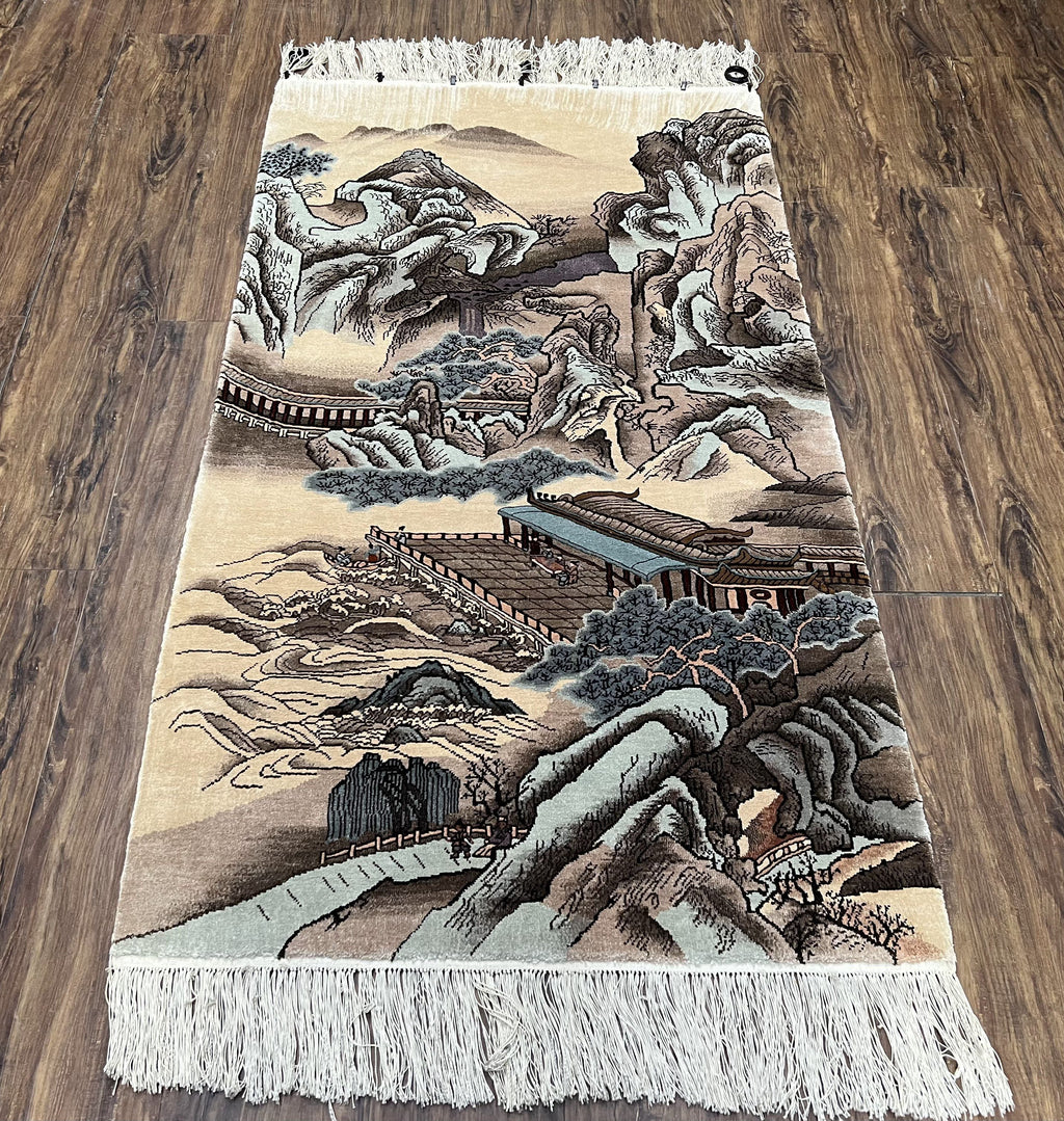 Silk Chinese Wall Hanging Rug 3x6 ft Tapestry, Pagoda Scene, Pictorial, High Quality Fine Hand Knotted Vintage, Asian Oriental Handmade Nice