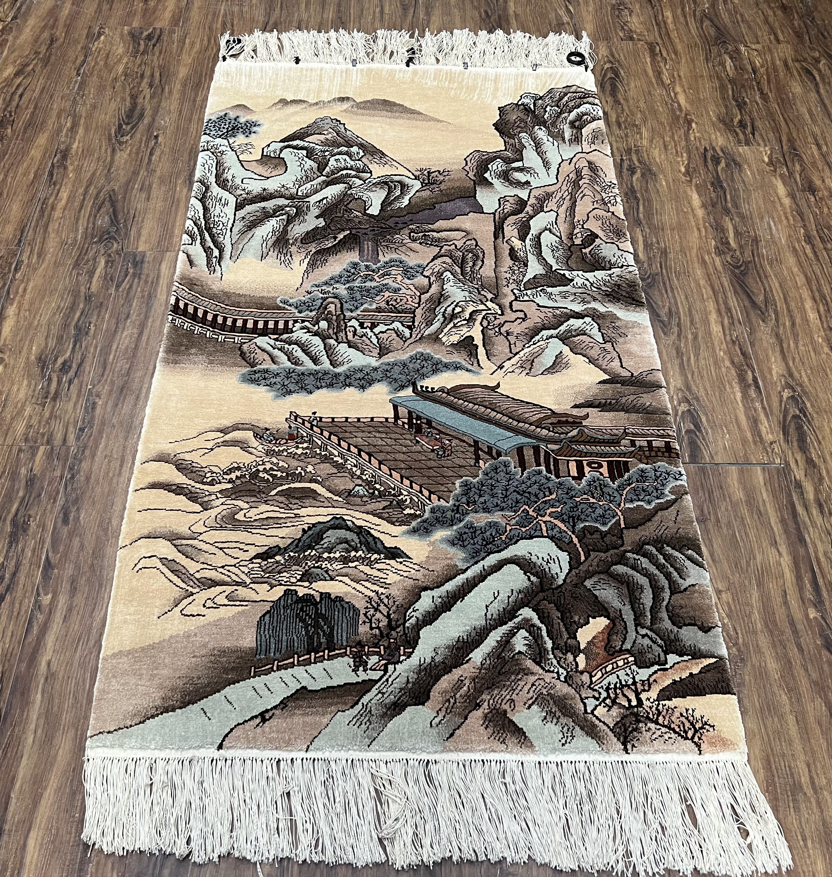Silk Chinese Wall Hanging Rug 3x6 ft Tapestry, Pagoda Scene, Pictorial, High Quality Fine Hand Knotted Vintage, Asian Oriental Handmade Nice