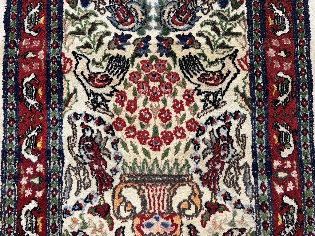 Small Indo Persian Rug 2x3 ft, Wool with Silk Highlights, Animal Pictorials, Birds