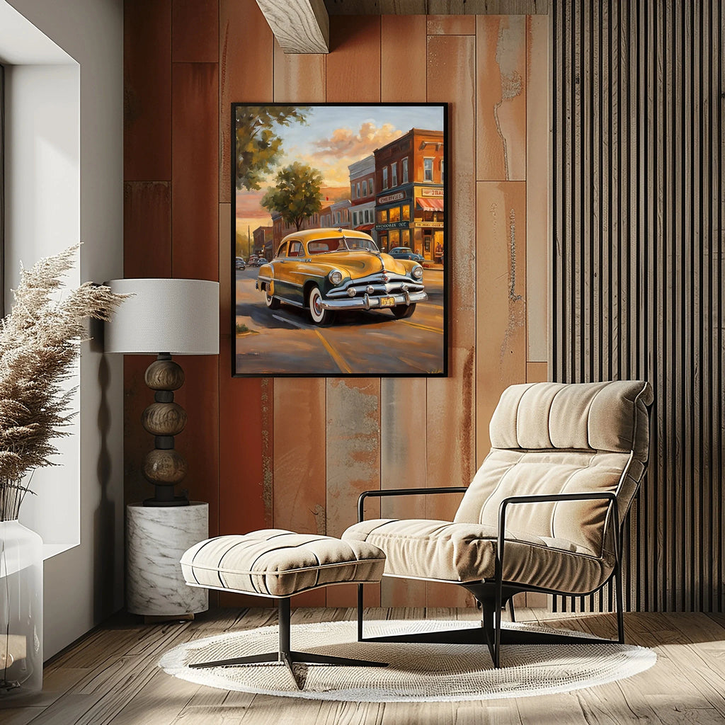 1951 Step-Down Racing Legend Golden Hour Town Wall Art | Vintage Urban Racing Print