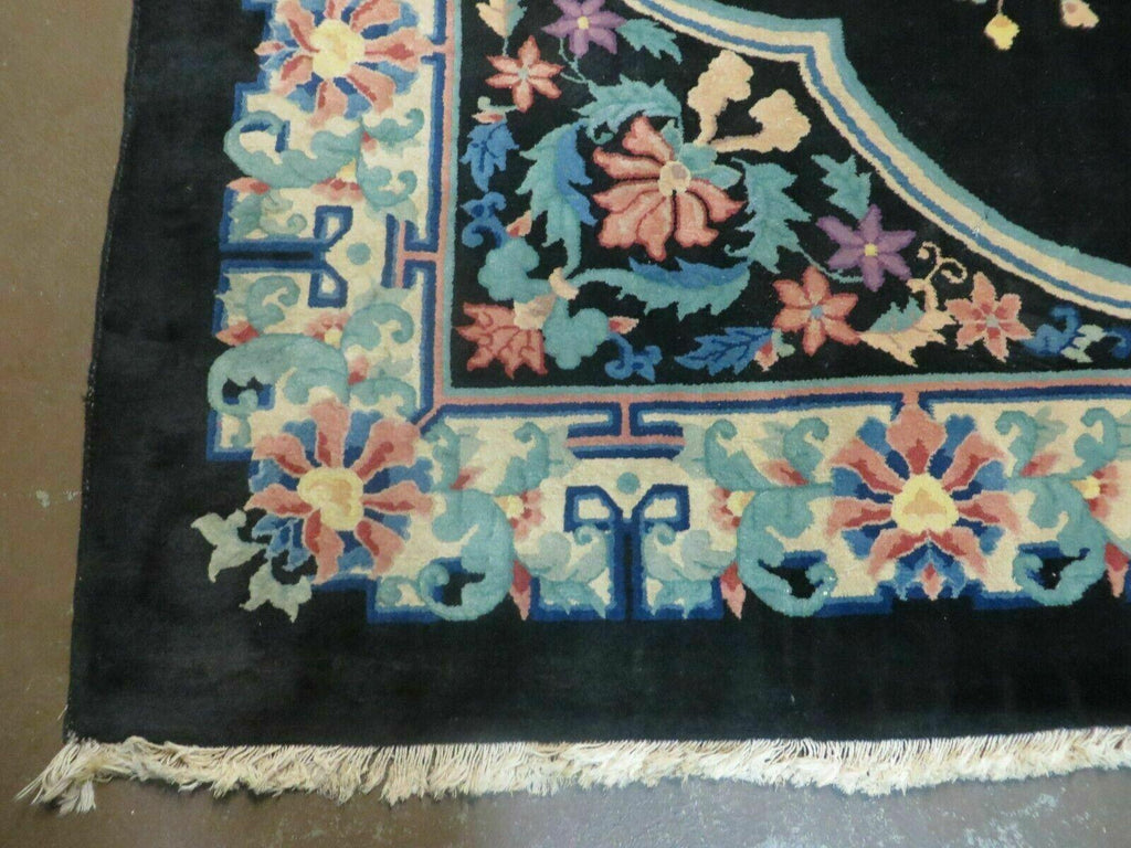 Black Chinese Wool Rug 8x10, Art Deco Floral Carpet, Soft Plush Pile