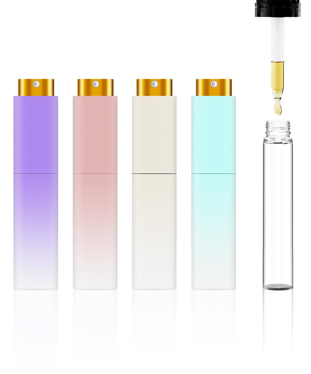 YOUXIU Travel Perfume Bottle Refillable 10ml Mini 4 Pack Purple Pink Blue White