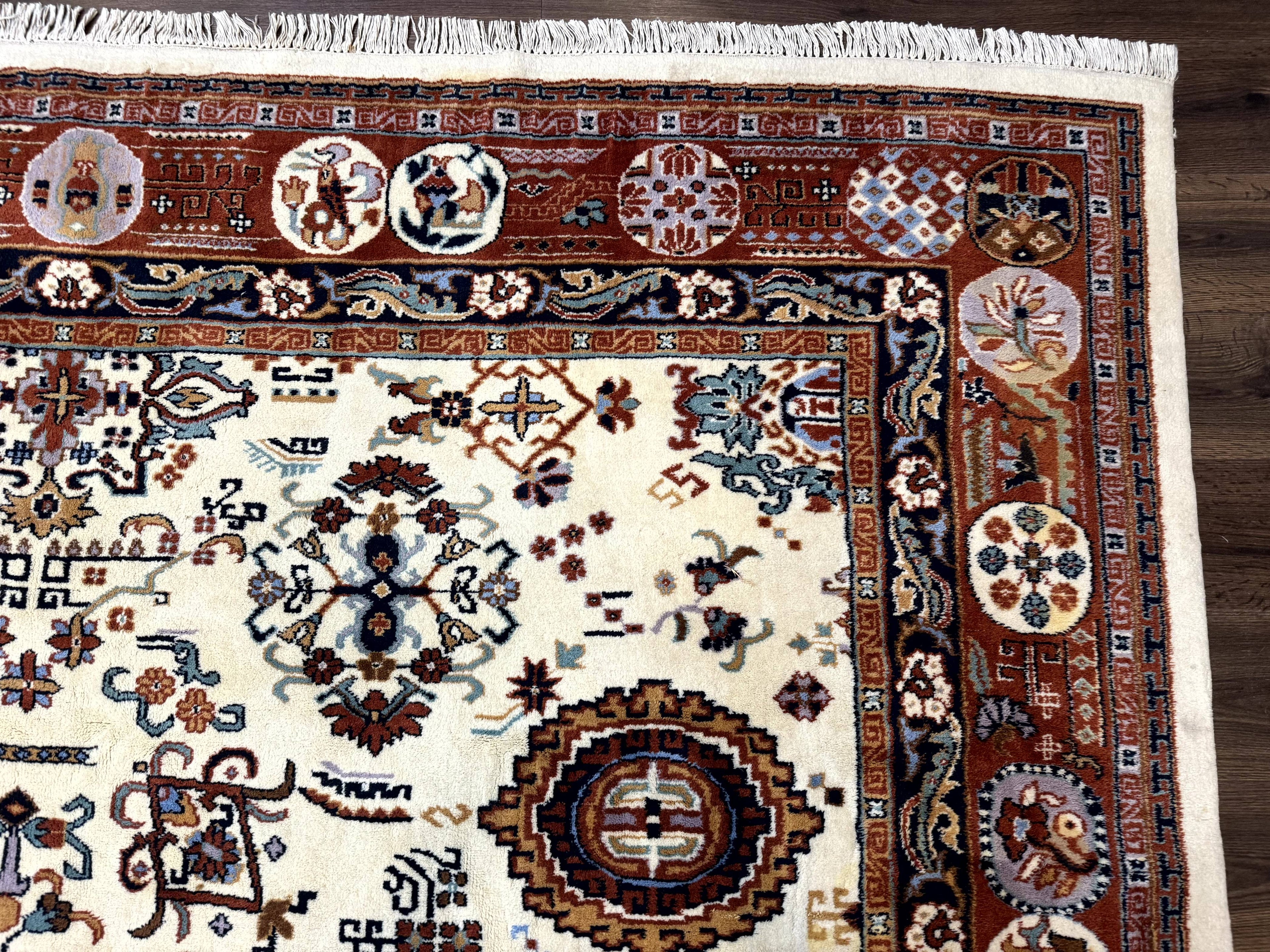 Indo Chinese Wool Rug 9x12, Ivory and Rust Red, Dragon Motifs