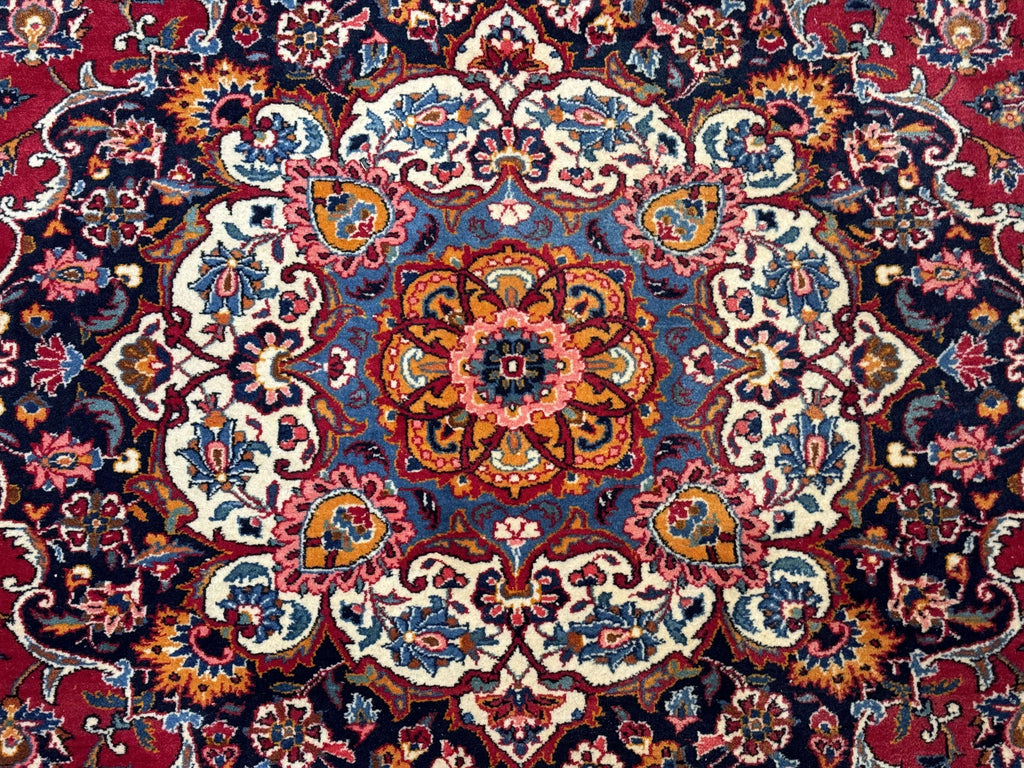 Large Persian Kashan Rug 11x14, Traditional Persian Carpet, Wool, Fine 250 KPSI, Red Navy Blue