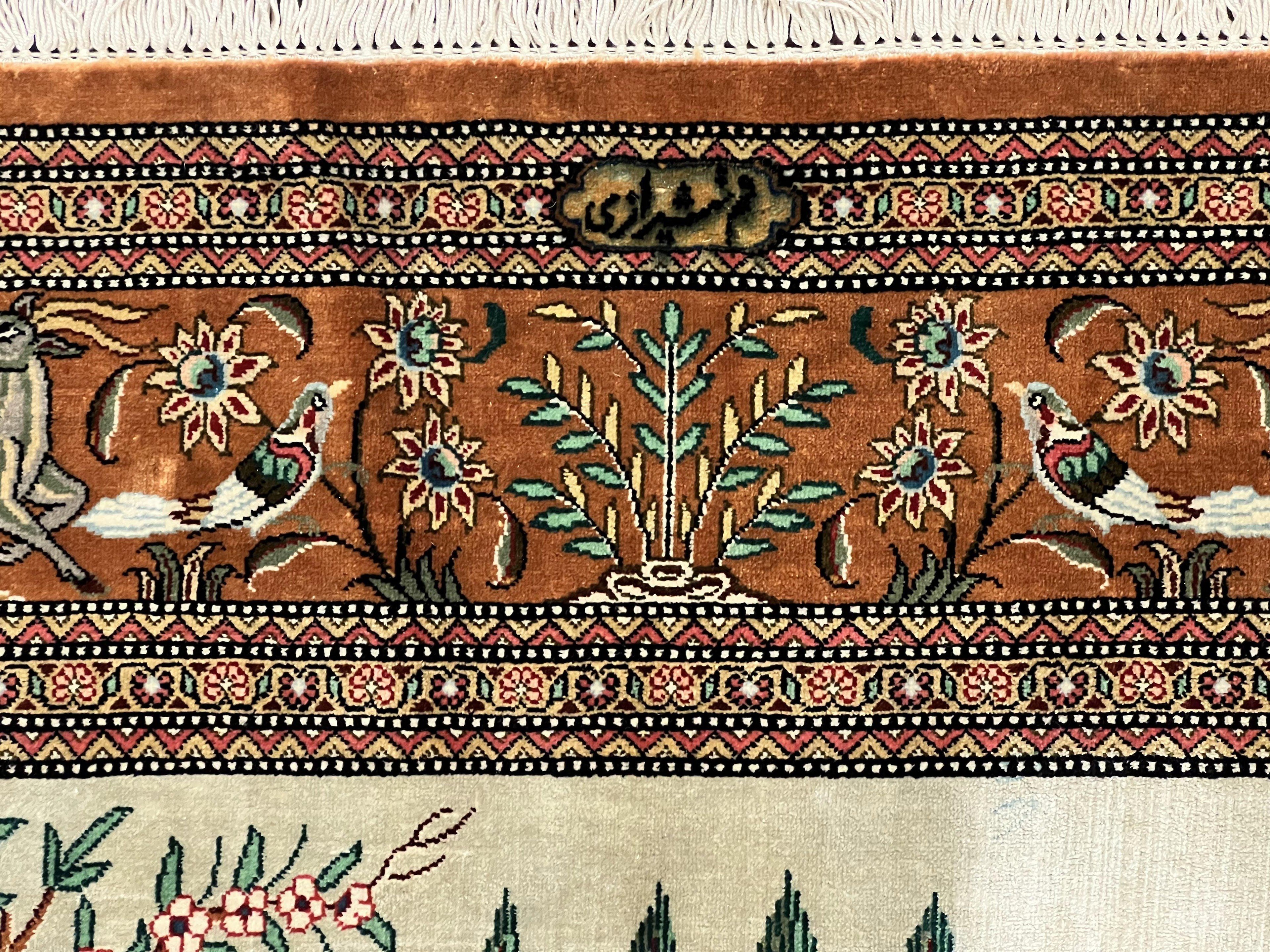 Silk Persian Qum Rug 3x5, Hunting Pattern, Handmade Vintage Carpet, Signed by Master Weaver, Horsemen Pictorials, Super Fine 650 KPSI