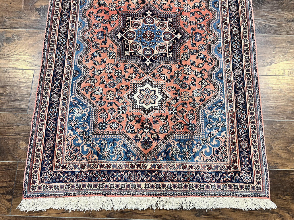 Persian Shiraz Rug 3x5, Geometric Tribal Rug, Wool Hand Knotted Vintage Carpet, Light Red & Blue, Signed by Masterweaver