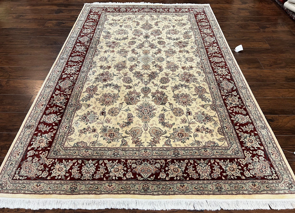 Pak Persian Rug 6x9, Floral Allover Carpet 6 x 9 ft, Cream and Maroon Hand Knotted Wool and Silk Fine Oriental Rug, Traditional Vintage Rug