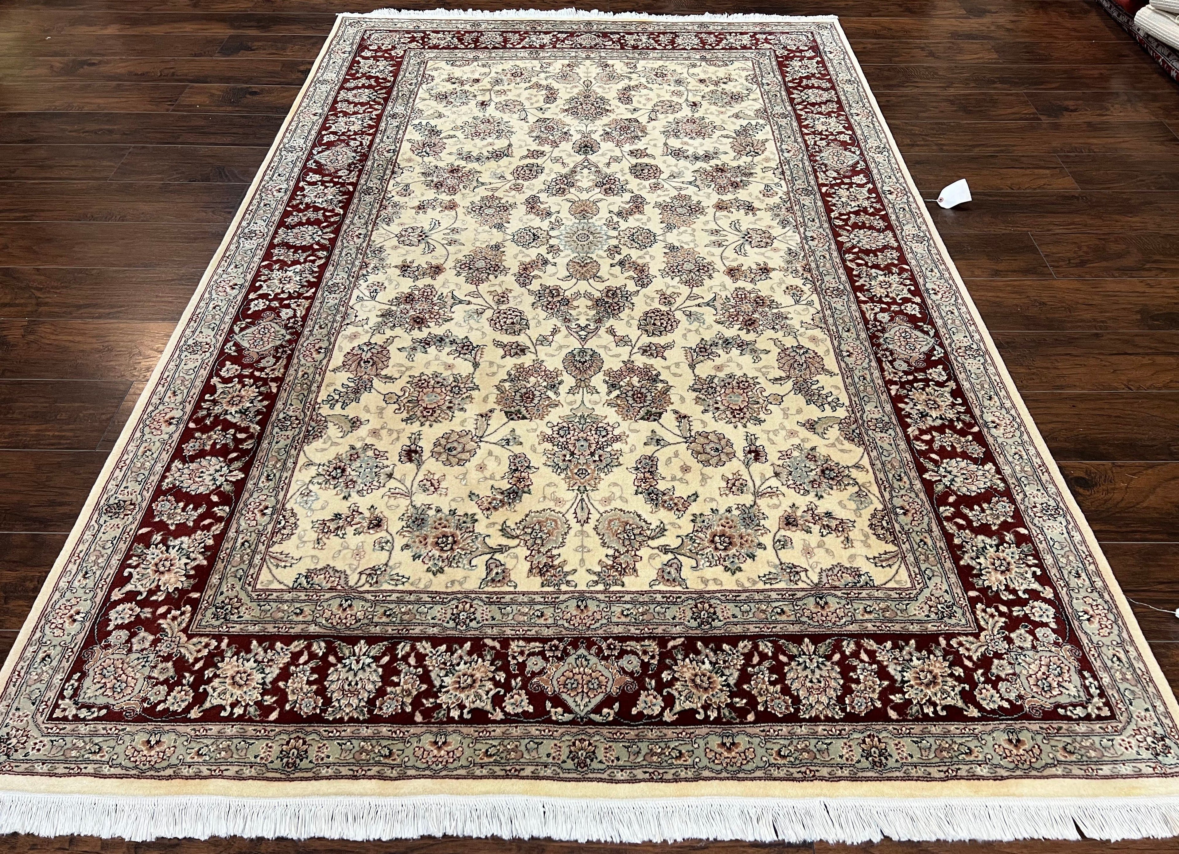 Pak Persian Rug 6x9, Floral Allover Carpet 6 x 9 ft, Cream and Maroon Hand Knotted Wool and Silk Fine Oriental Rug, Traditional Vintage Rug