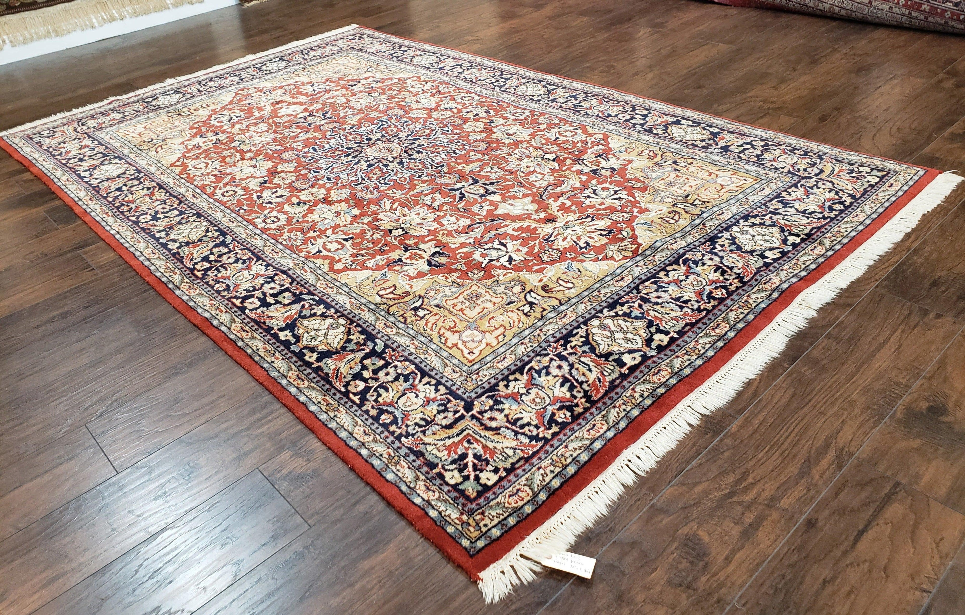 Vintage Indo Persian Oriental Rug 6 x 9.6, Wool Hand-Knotted Red Dark Blue & Gold Indian Carpet, 6 x 9 Office Room Rug, Floral Medallion