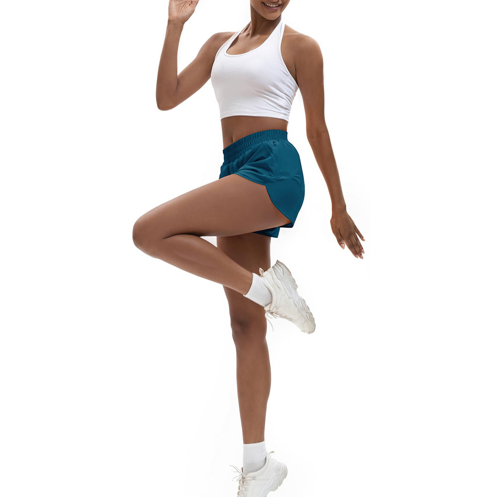 SAFWAK Women's High Waisted Running Shorts Quick Dry Zipper Pocket Turquoise L