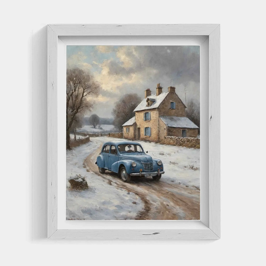 1952 French Economy Pioneer Winter Cottage Wall Art | Vintage Snowy Landscape