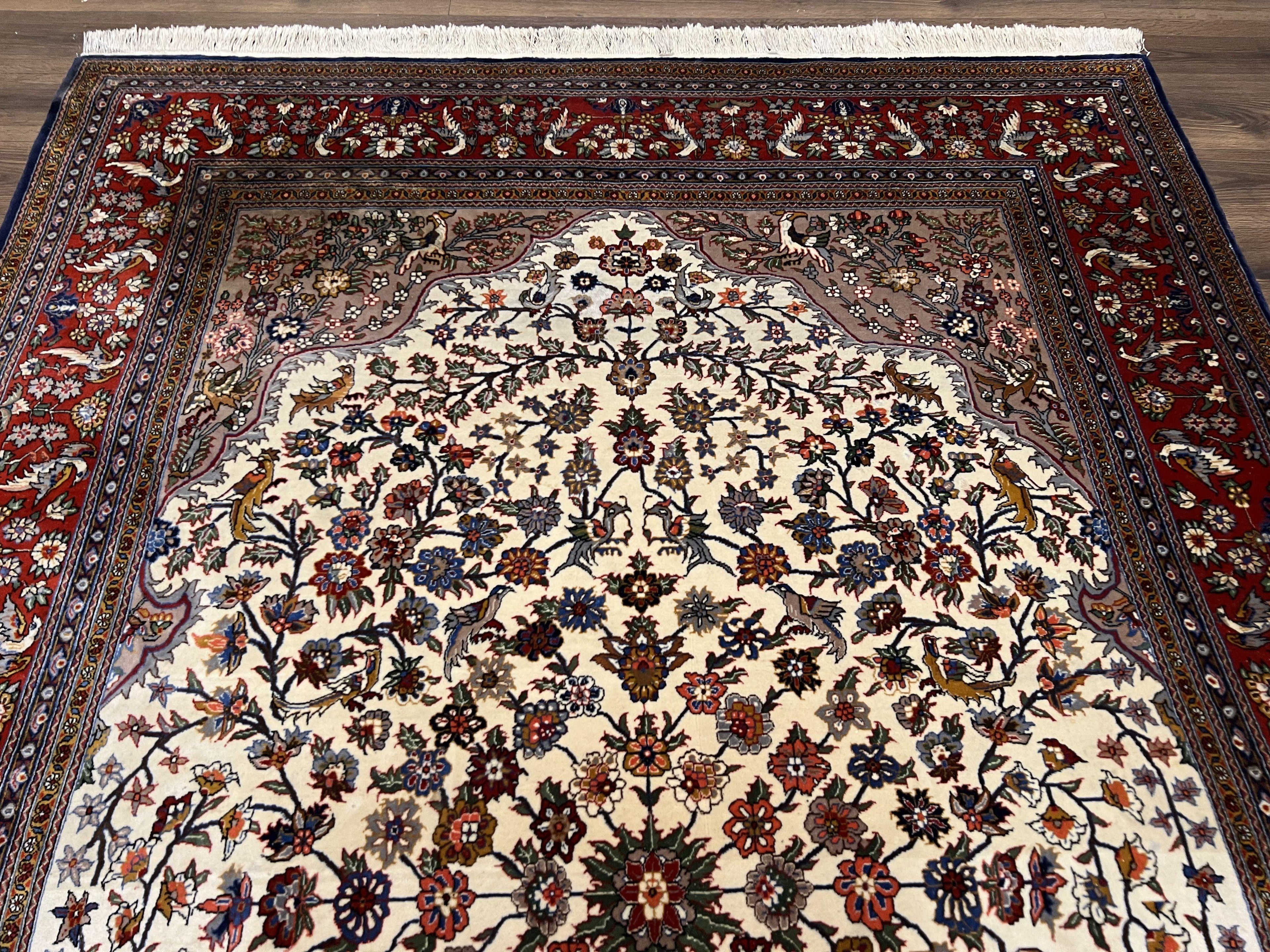 Beautiful Sino Persian Rug 7x10, Circle of Life Tree of Life Rug, Birds, Cream Red Navy Blue Taupe, Wool Silk Accents, Hand Knotted Vintage