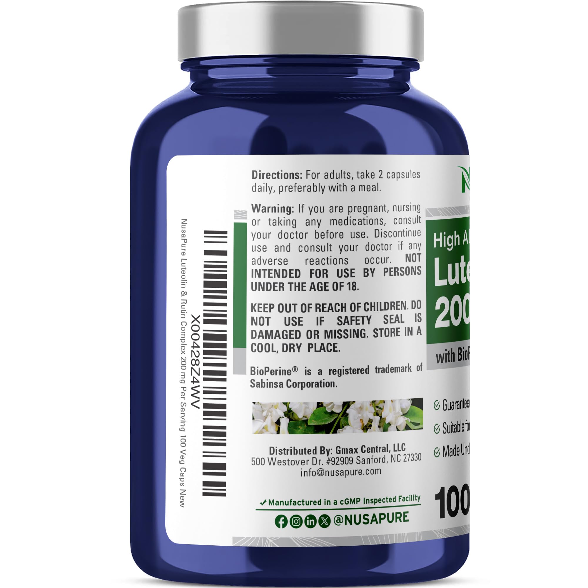 NusaPure Luteolin Complex with Rutin 200 mg | 100 Capsules | Vegetarian, Non-GMO & Vegan Flavonoid Formula