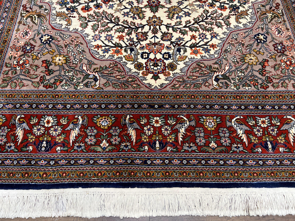 Beautiful Sino Persian Rug 7x10, Circle of Life Tree of Life Rug, Birds, Cream Red Navy Blue Taupe, Wool Silk Accents, Hand Knotted Vintage