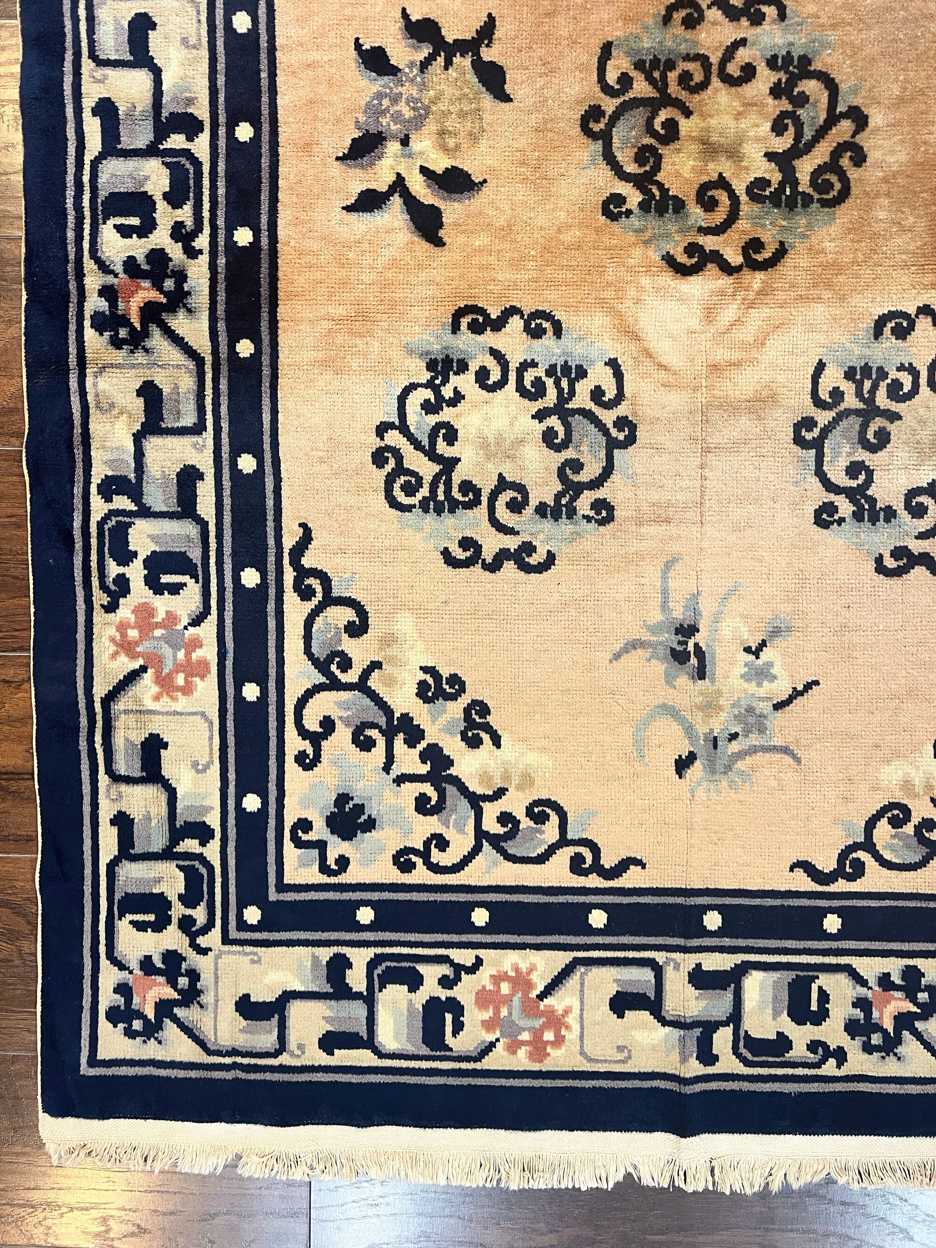 Chinese Peking Rug 4x6, Wool Hand Knotted Handmade Vintage Semi Antique Carpet, Semi Open Field, Light Peach & Navy Blue, Art Deco Rug