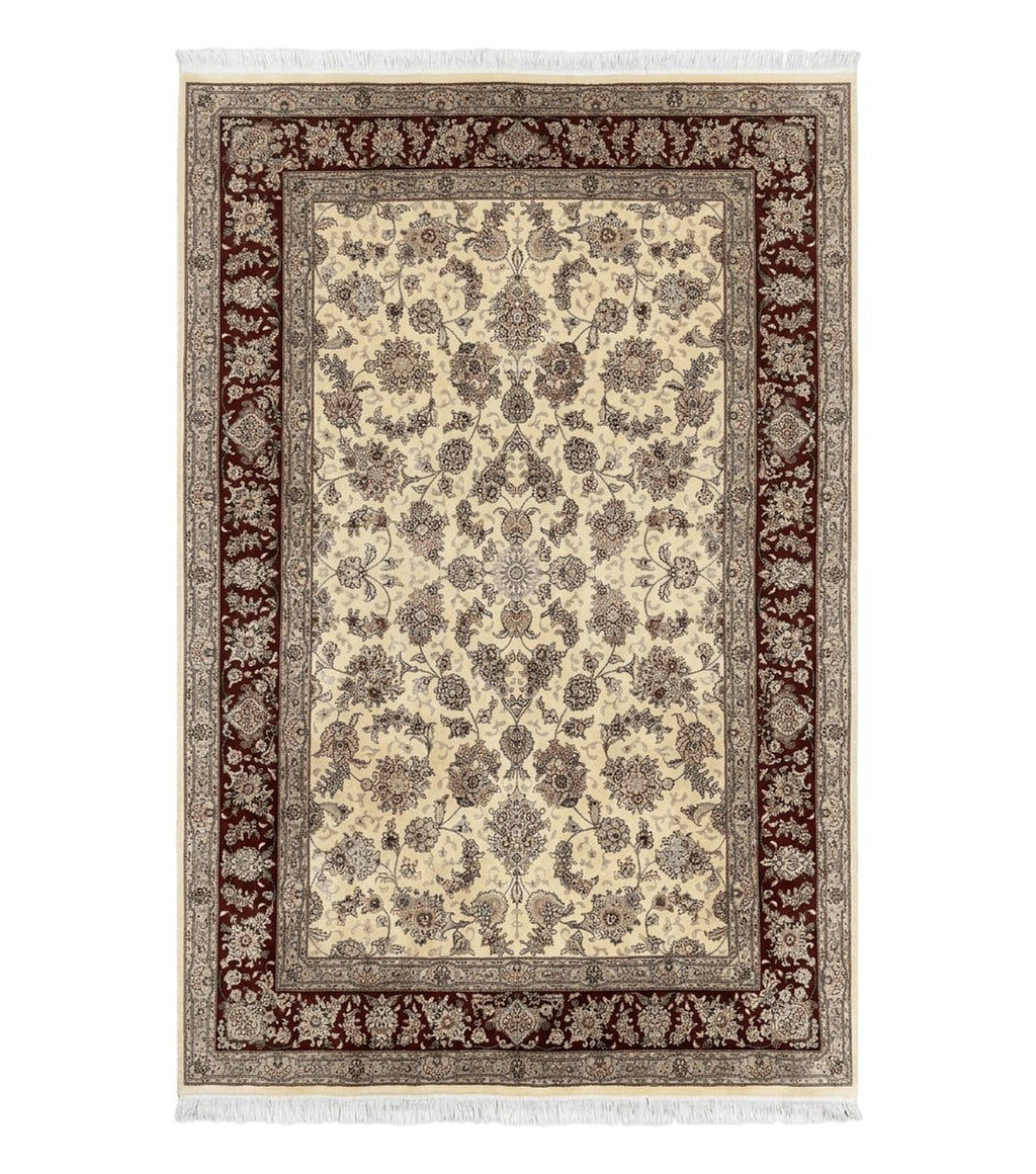 Pak Persian Rug 6x9, Floral Allover Carpet 6 x 9 ft, Cream and Maroon Hand Knotted Wool and Silk Fine Oriental Rug, Traditional Vintage Rug