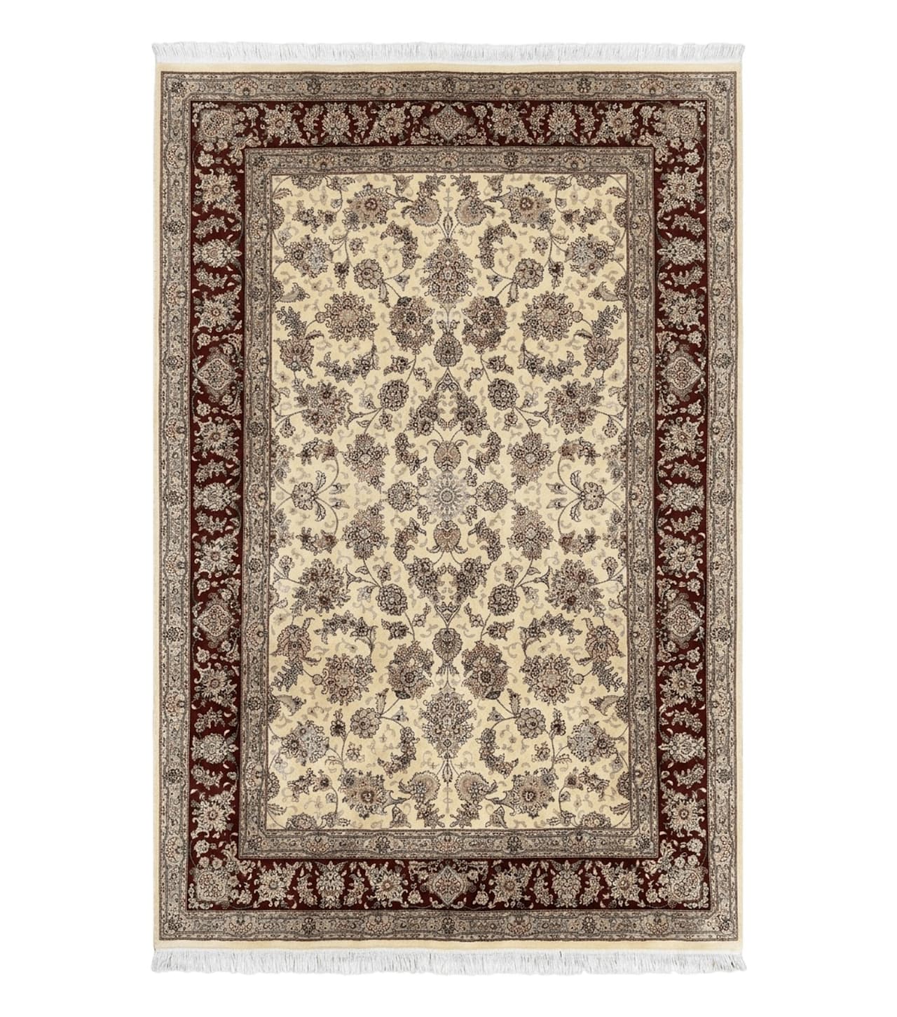 Pak Persian Rug 6x9, Floral Allover Carpet 6 x 9 ft, Cream and Maroon Hand Knotted Wool and Silk Fine Oriental Rug, Traditional Vintage Rug