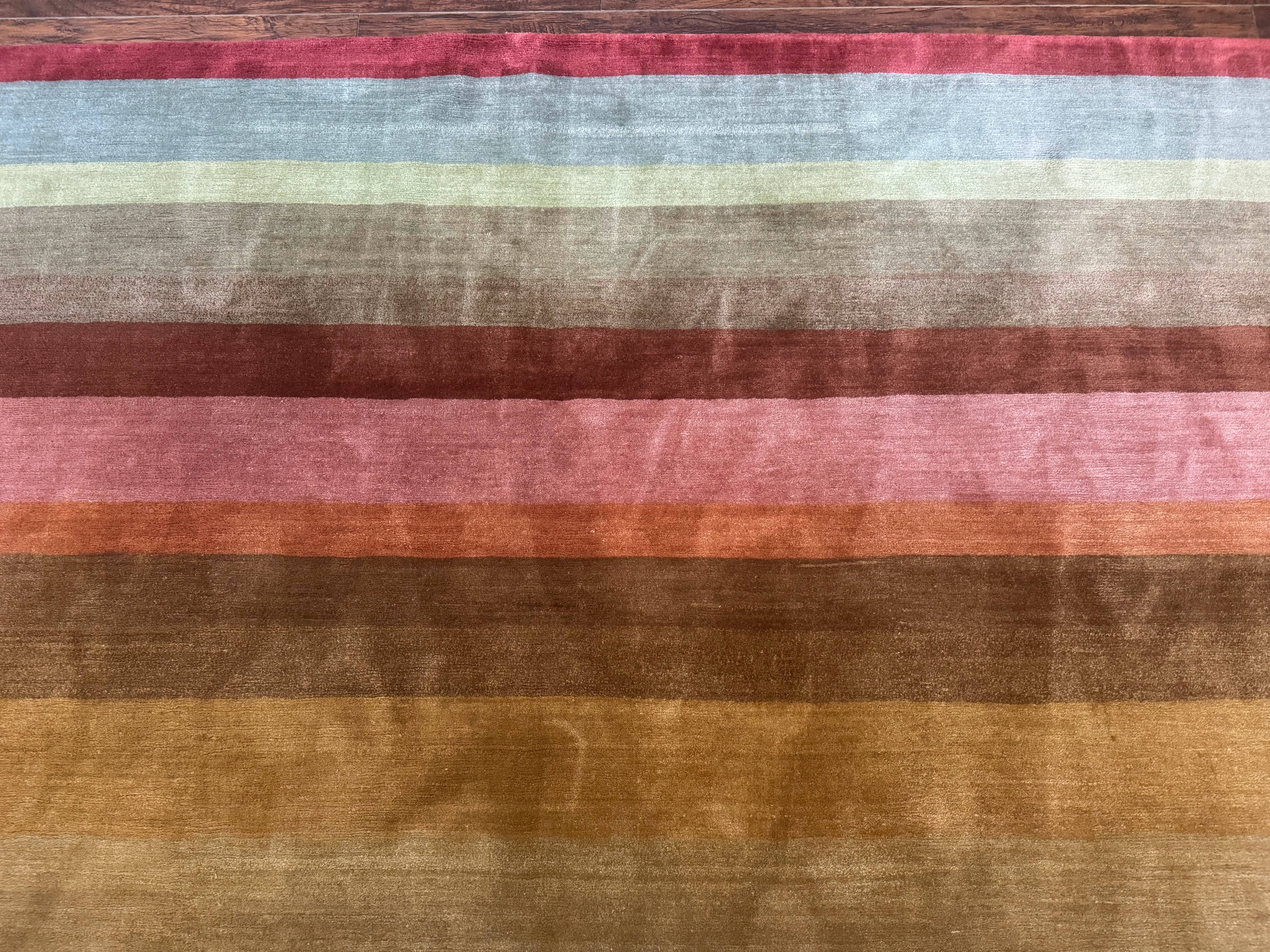 Modern Persian Gabbeh Rug 8x10, Multicolor Stripes, Soft Thick Wool Pile