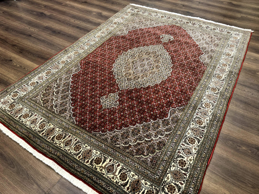 Persian Rug 5x7, Very Fine 330 KPSI, Red and Ivory, Herati Mahi Pattern, Wool & Silk