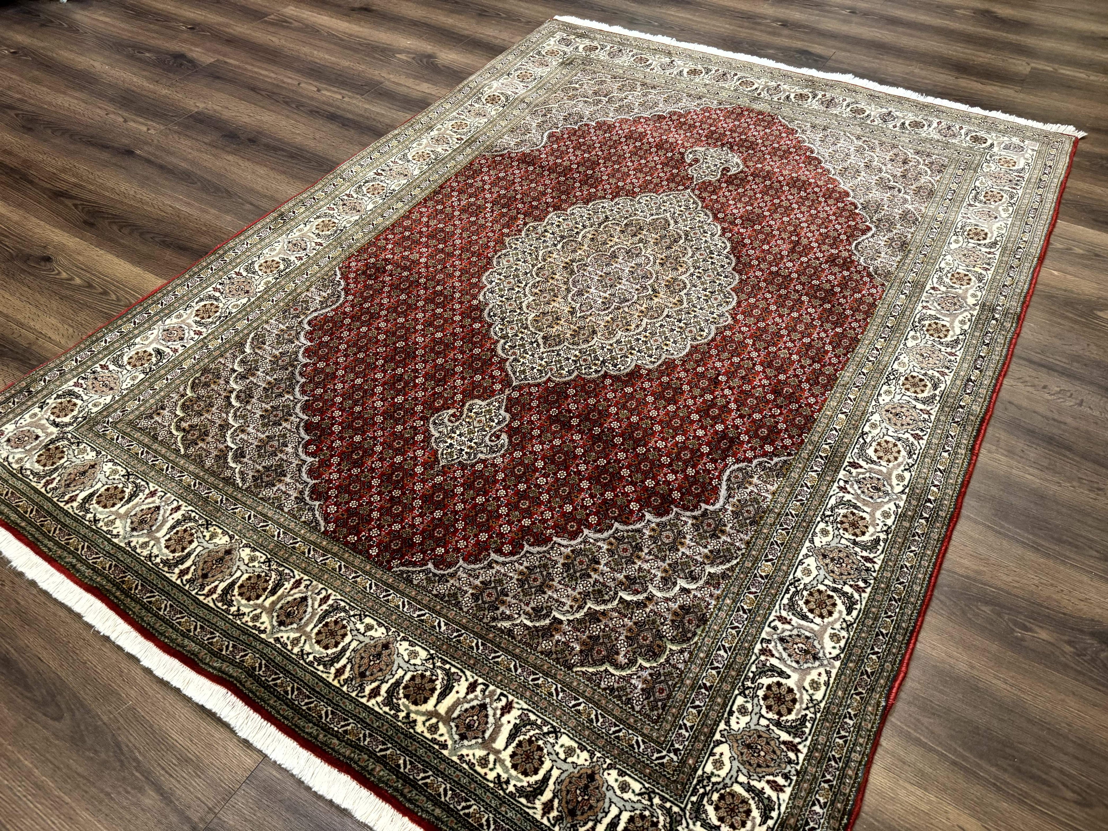 Persian Rug 5x7, Very Fine 330 KPSI, Red and Ivory, Herati Mahi Pattern, Wool & Silk