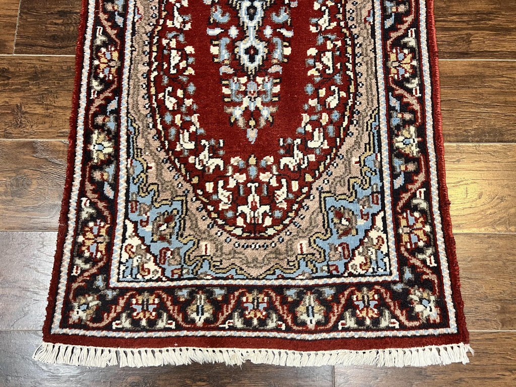 Indo Persian Runner Rug 2.8 x 14.8, Long Indo Kirman Hallway Rug, Red Floral Wool Vintage Handmade Oriental Runner