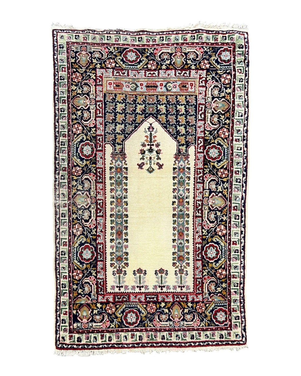 Turkish Prayer Rug 2.5 x 4, Vintage Wool Hand Knotted Carpet, Ivory