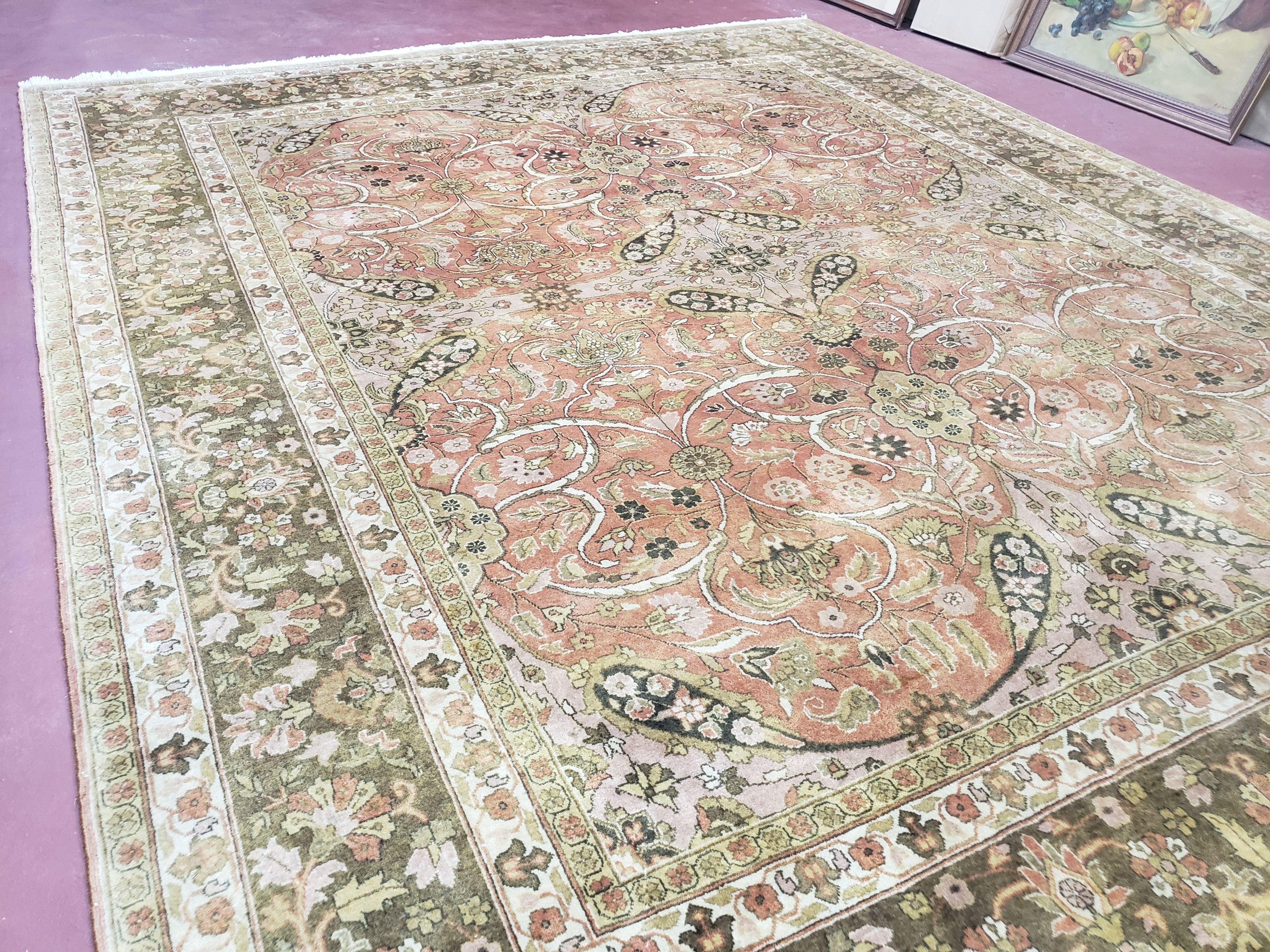Indo Persian Rug 8x10, Vintage Indian Rug 8 x 10, Fine Hand-Knotted Wool Rug, Rose Clay Red Beige Brown Handmade Area Rug, Floral Medallion