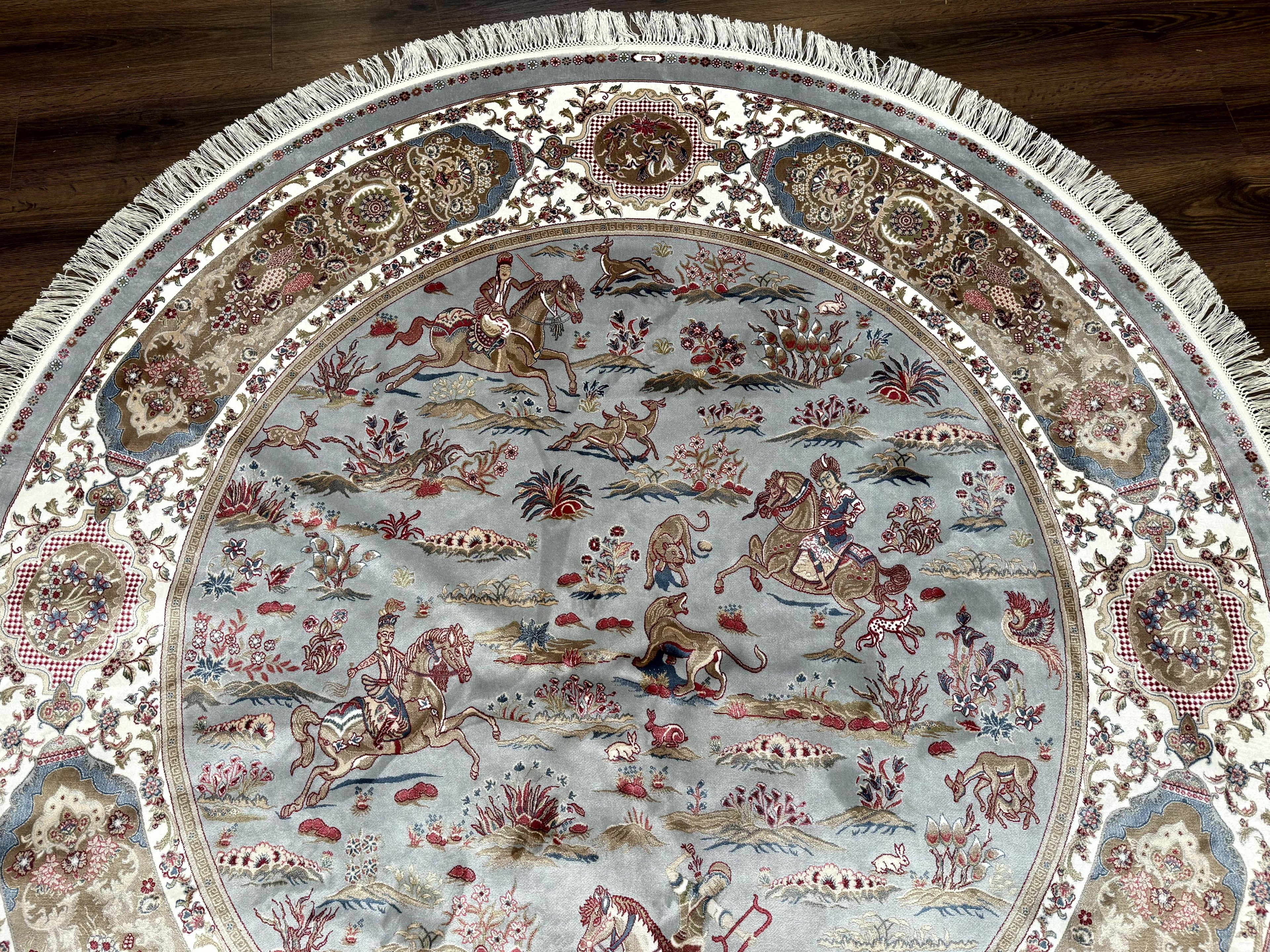 Round Silk Rug 6x6, Hunting Design, Bamboo Silk, Animal Pictorials