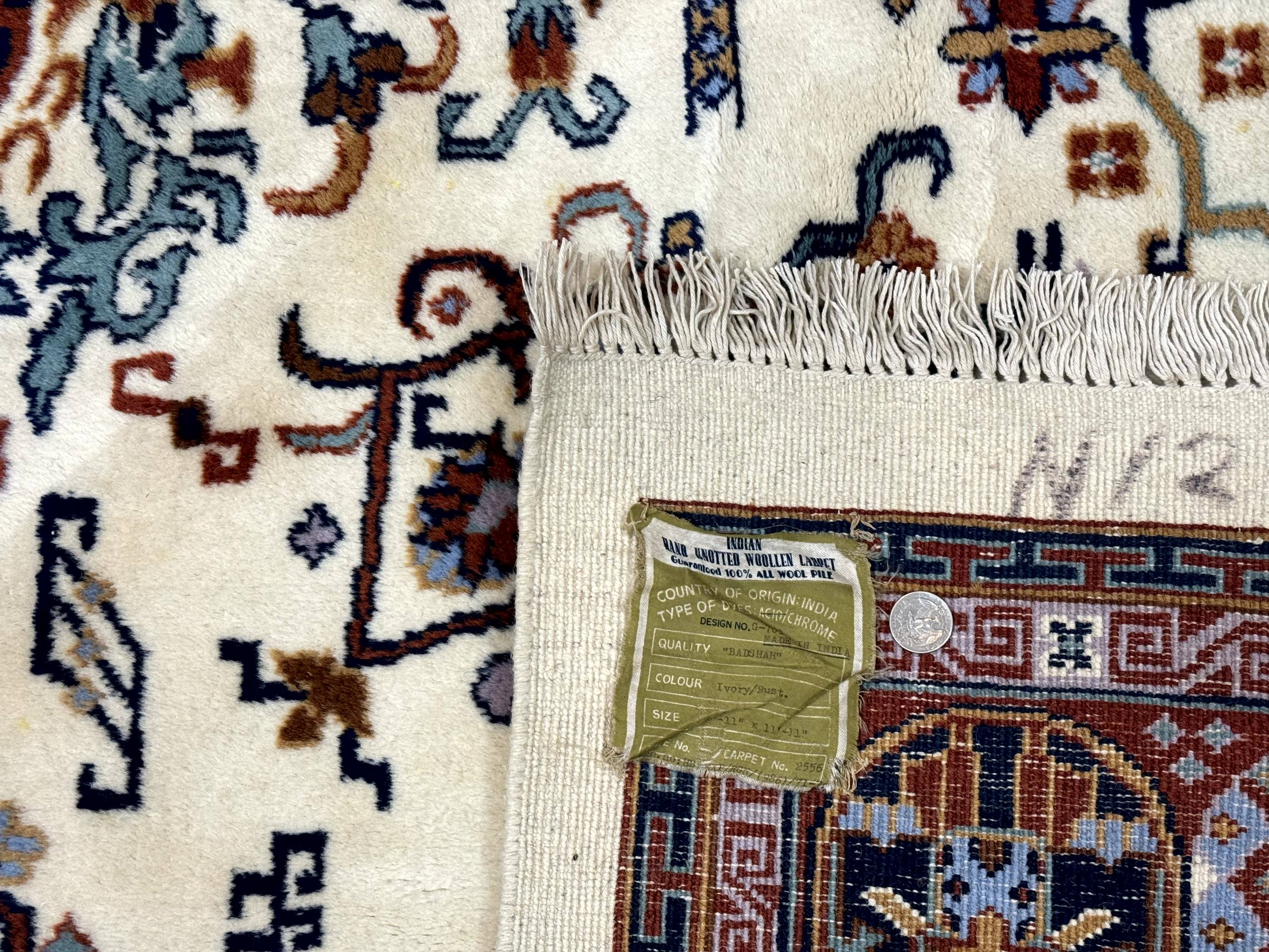Indo Chinese Wool Rug 9x12, Ivory and Rust Red, Dragon Motifs