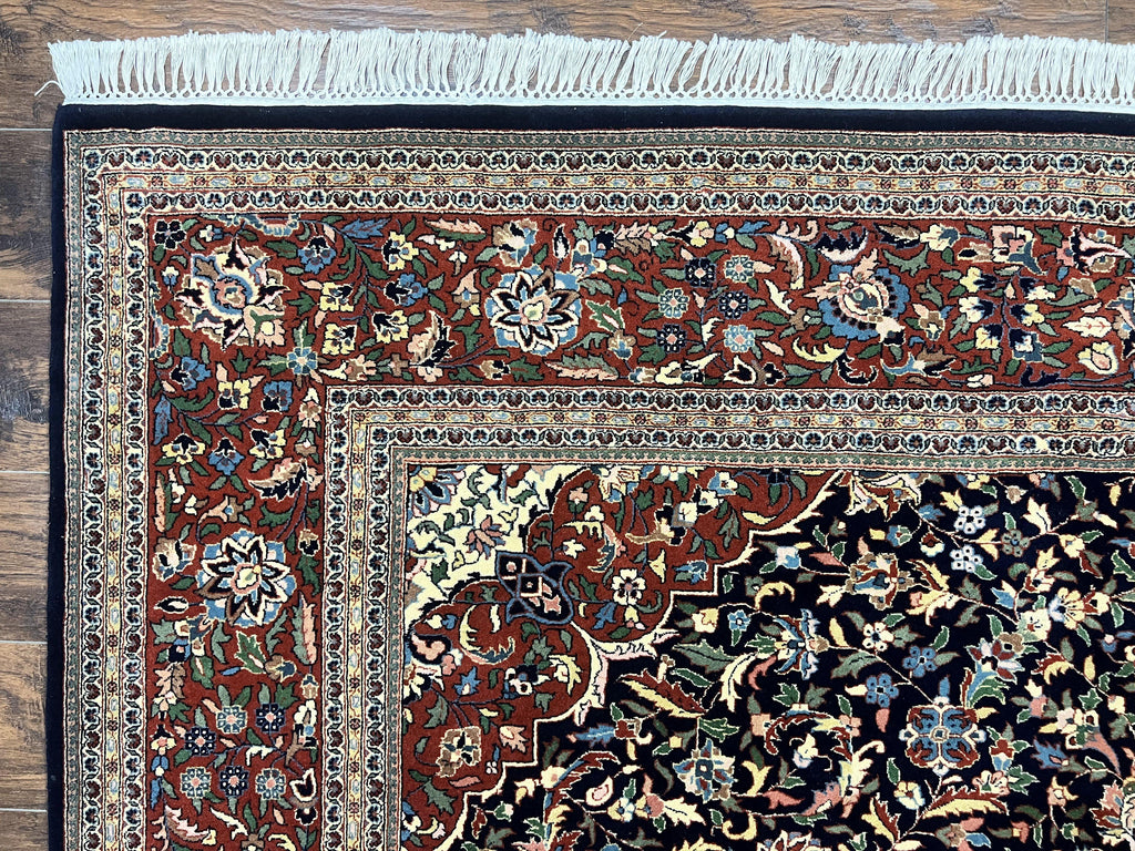 Indo Persian Rug 8x10, Floral Medallion, Vintage Handmade Wool Carpet, Navy Blue and Red, Fine 300 KPSI