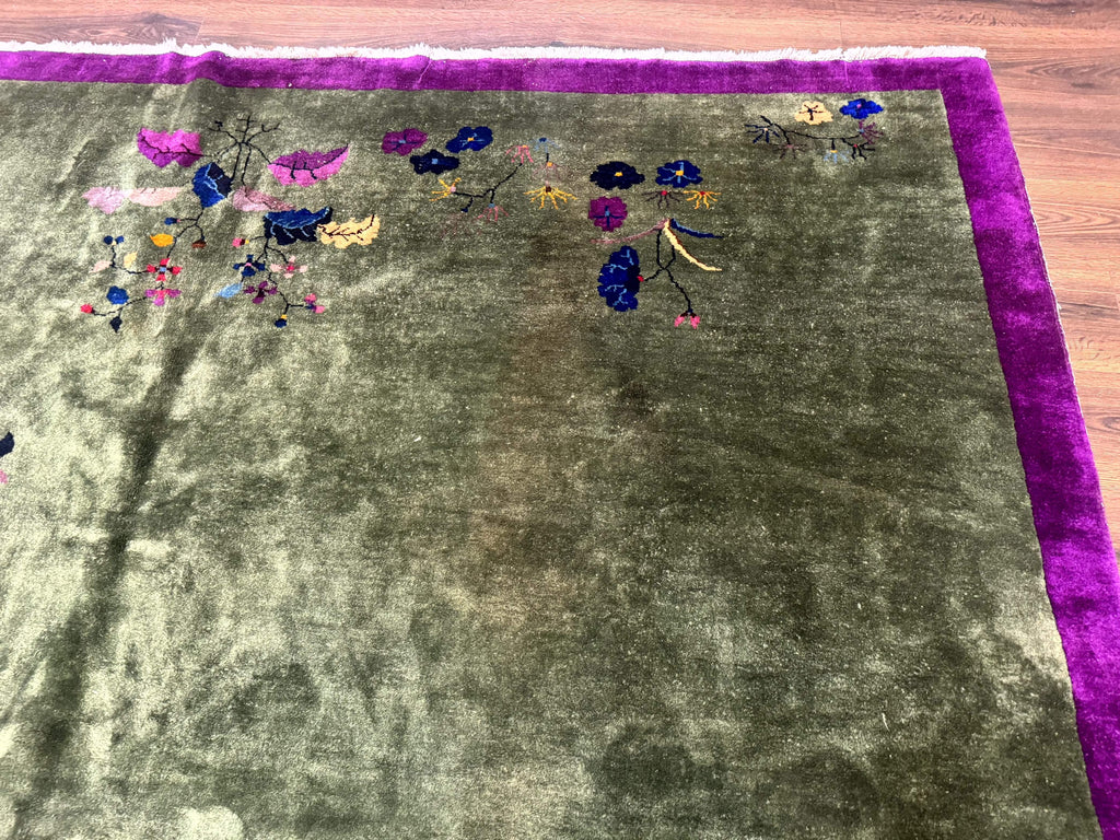 Antique Chinese Nichols Rug 9x12 - Rare Green and Purple Art Deco Carpet