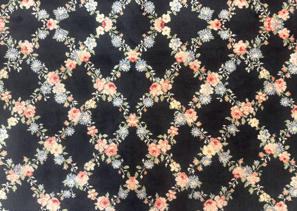 8.8 x 12 Karastan Garden of Eden Rug, Ebony Trellis #509/1270, Black, Floral, Wool Pile, Vintage, Discontinued