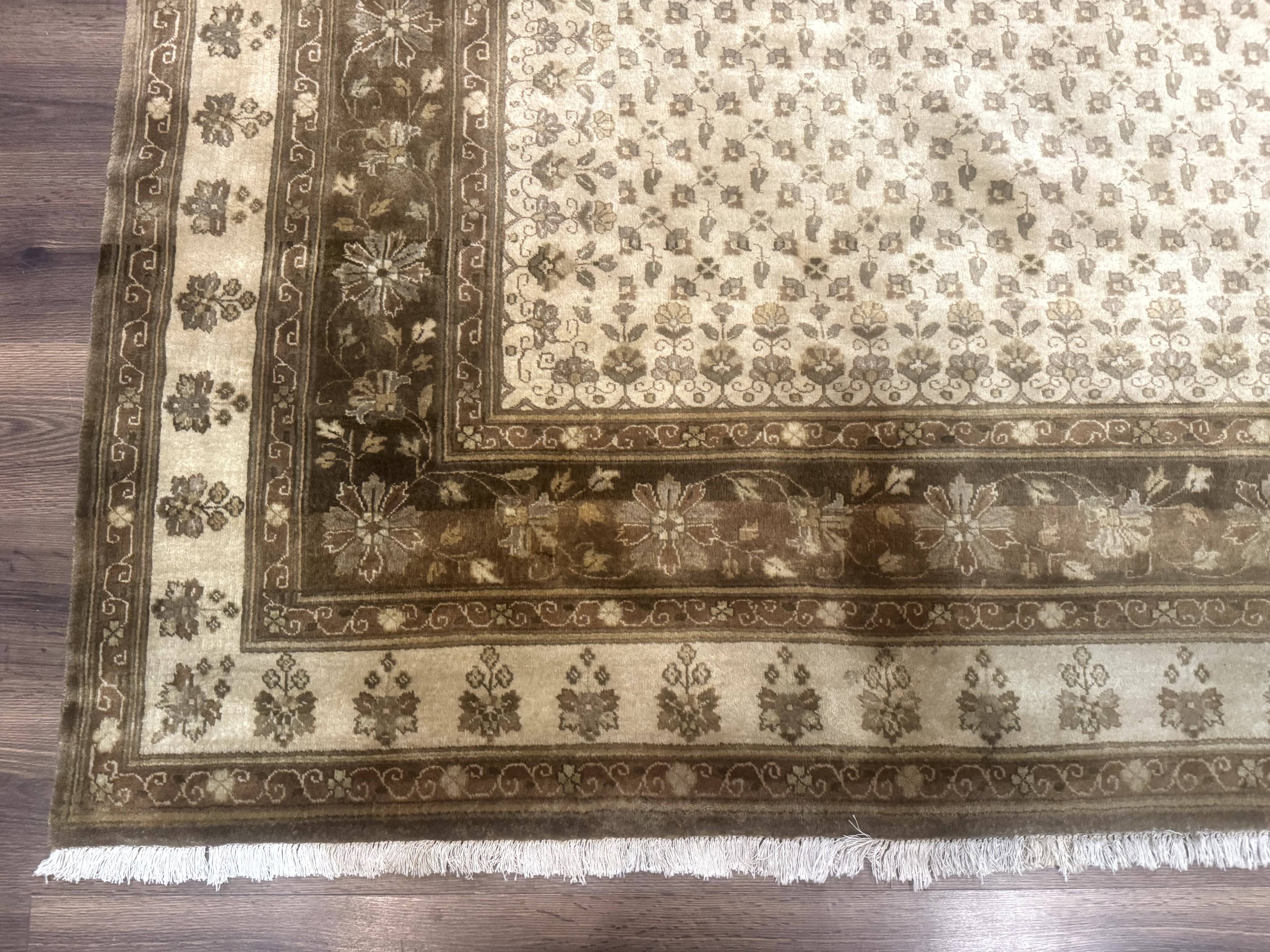 Indo Persian Rug 8x10, Allover Pattern, Beige, Wool Handmade Carpet