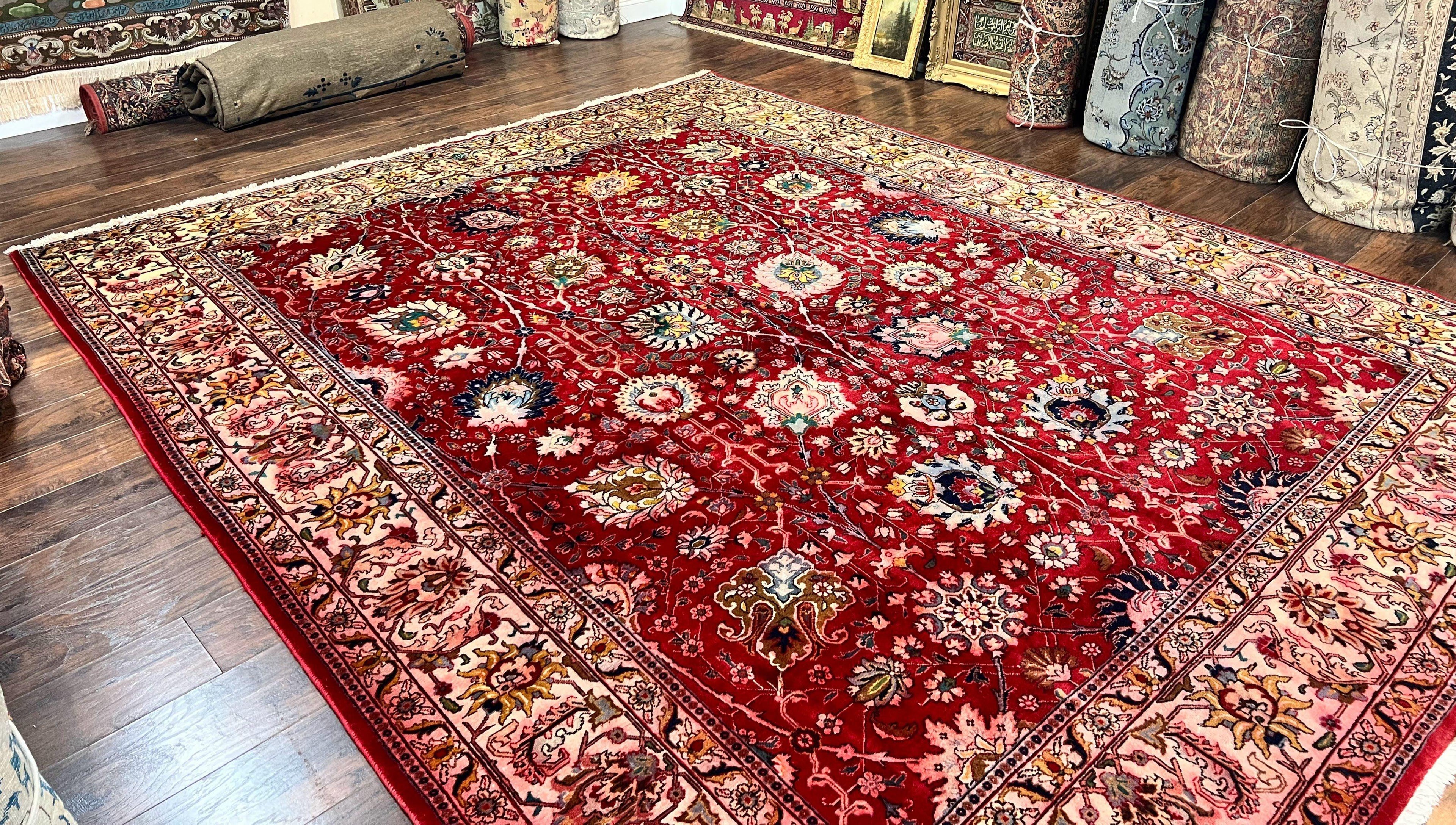 Persian Tabriz Rug 10x12, Floral Allover, Handmade Vintage Wool Carpet, Red and Cream