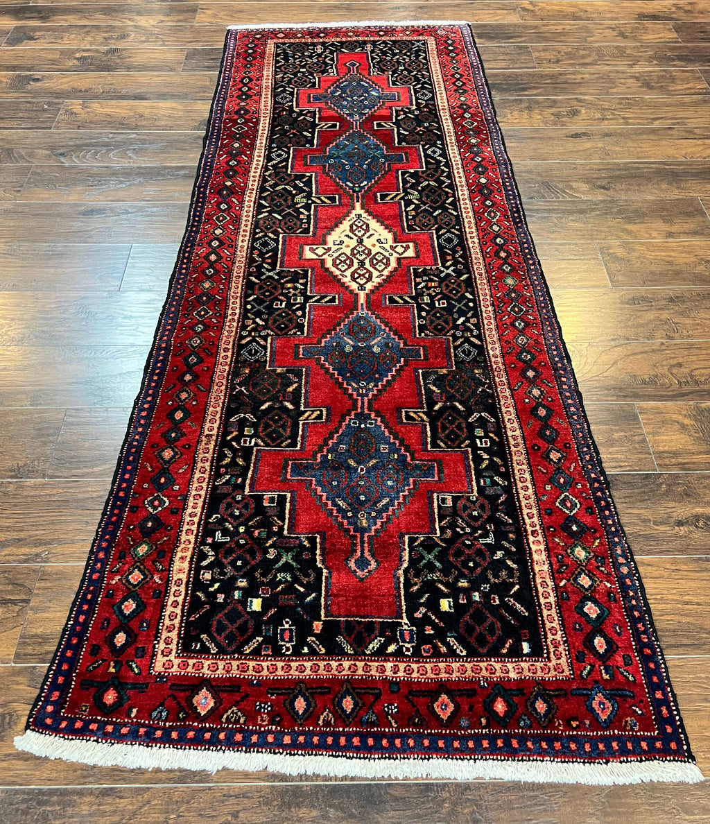 Persian Kurdish Senneh Runner Rug 3x9, Red Navy Blue, Medallions Wool Tribal Runner for Kitchen/Hallway 9ft Antique Handmade Oriental Runner