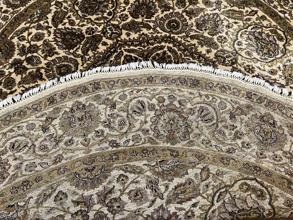 Round Indo Persian Rug 8x8 ft, Large Hand Knotted Vintage Wool Circular Carpet, 8ft Round Oriental Rug, Floral Medallion, Cream and Green