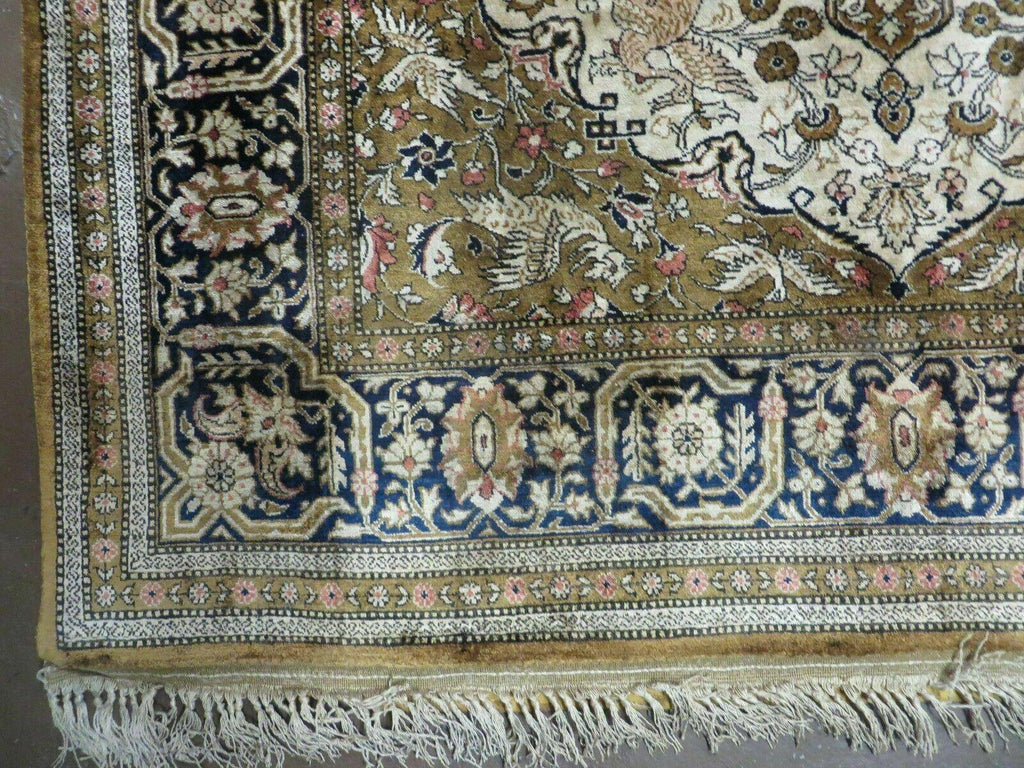 Handmade Silk Rug 3x5, Vintage Antique Silk Carpet, Hand-Knotted Oriental Rug 3 x 5, Animal Motifs, Deer Birds, One-Of-A-Kind